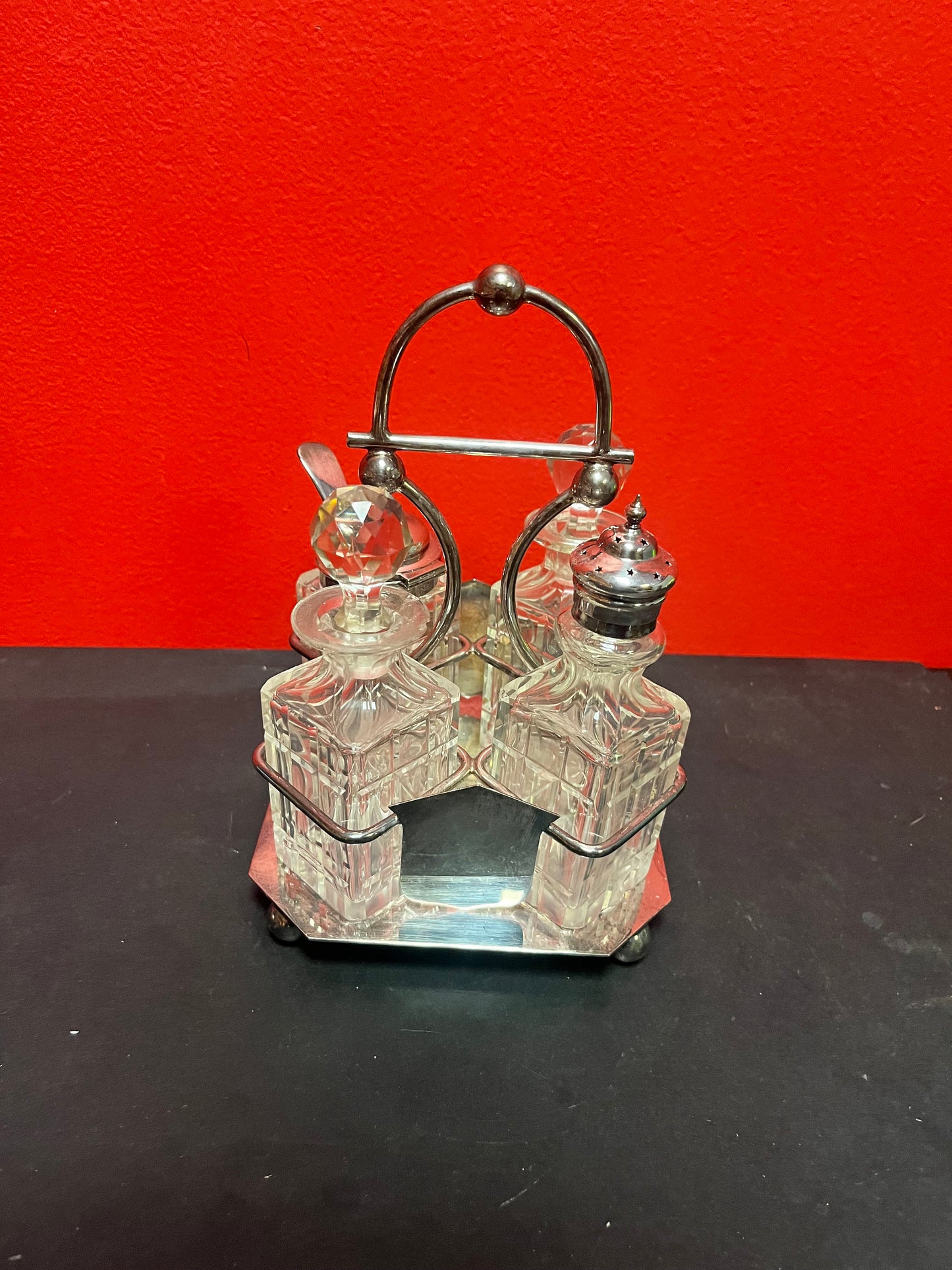 Stunning 9 inch high antique crystal and silver plate cruet set  great condition with one tiny chip