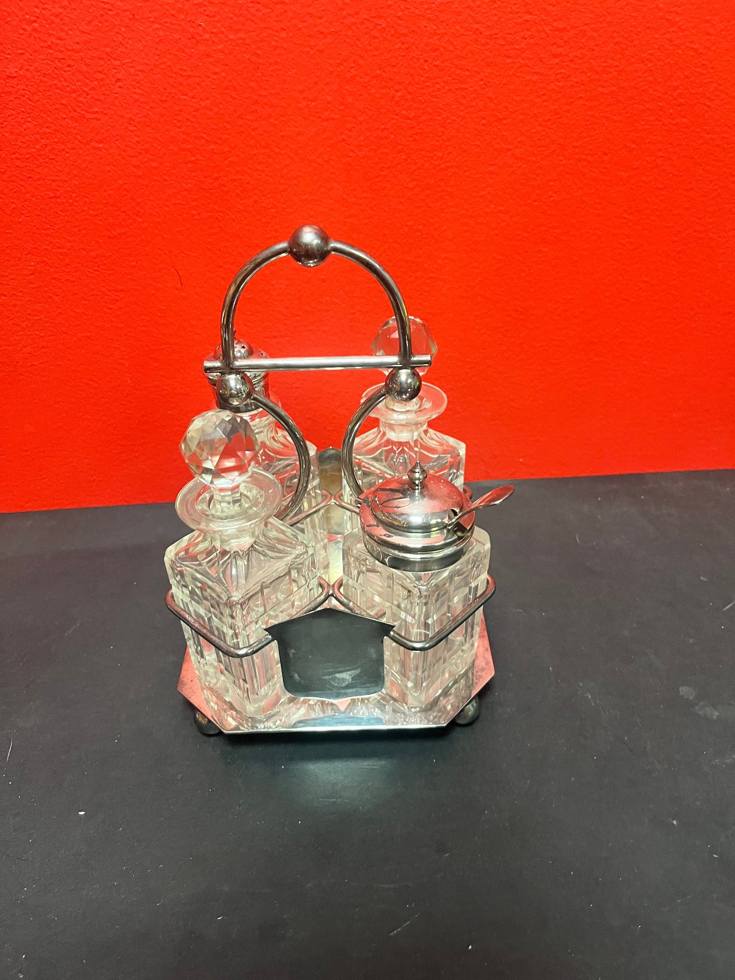 Stunning 9 inch high antique crystal and silver plate cruet set  great condition with one tiny chip