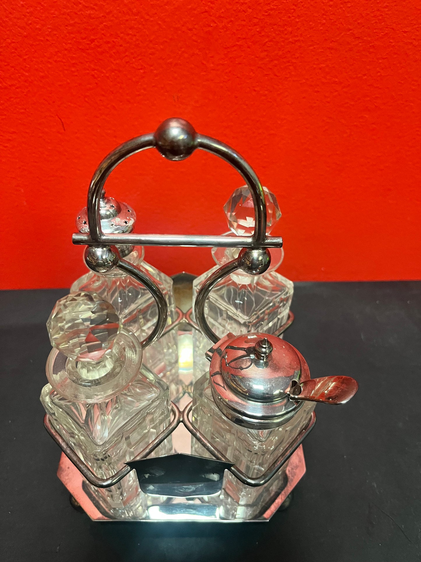 Stunning 9 inch high antique crystal and silver plate cruet set  great condition with one tiny chip