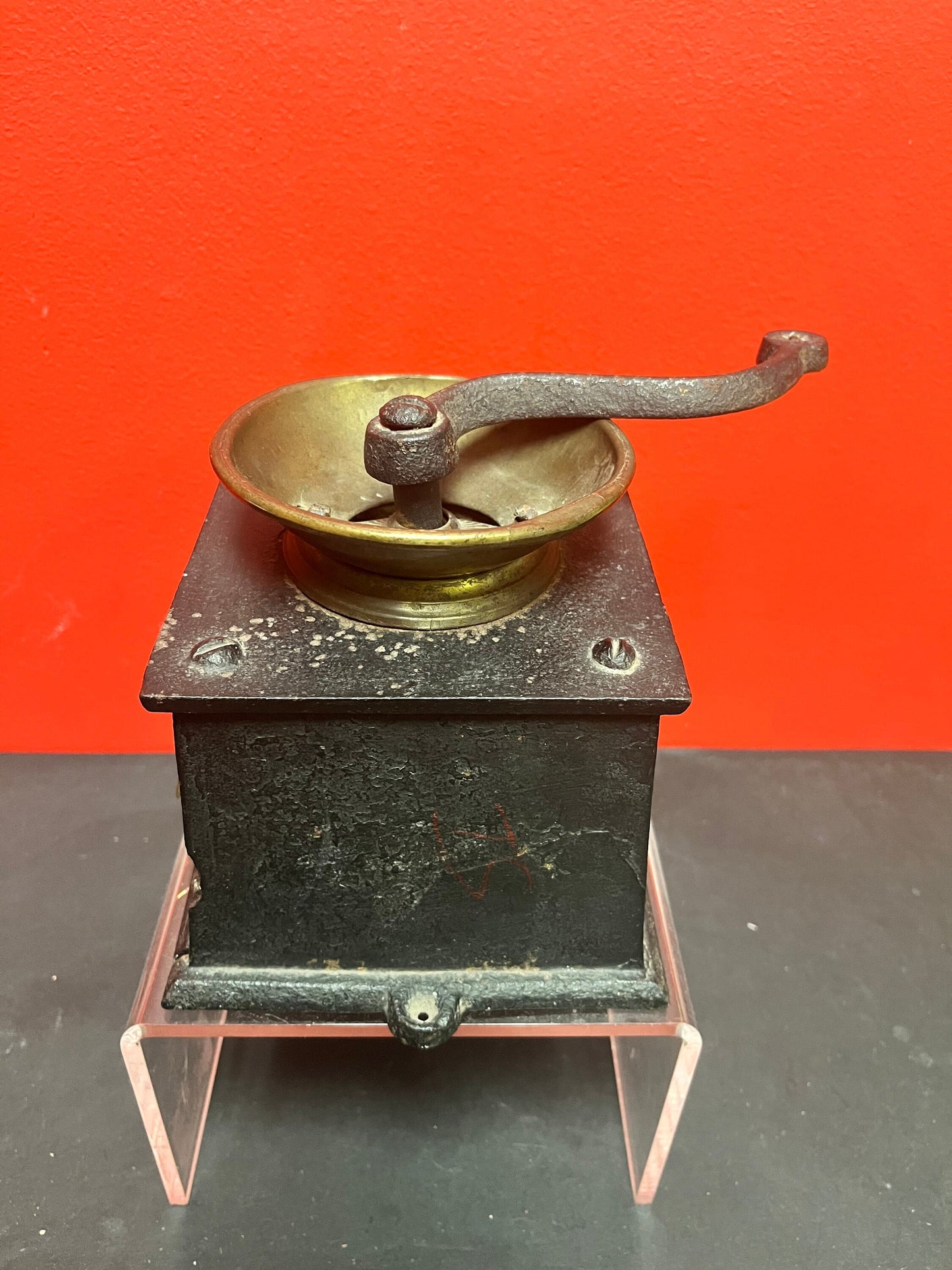 6 x 5 inches wide cast iron late 18th century cast iron and brass Baldwin coffee grinder  as is in antique condition!! See photos