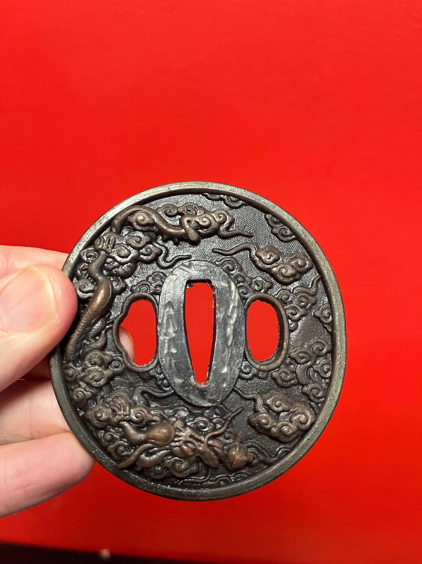 Lovely Japanese antique samurai  tsuba with good imagery from large collection