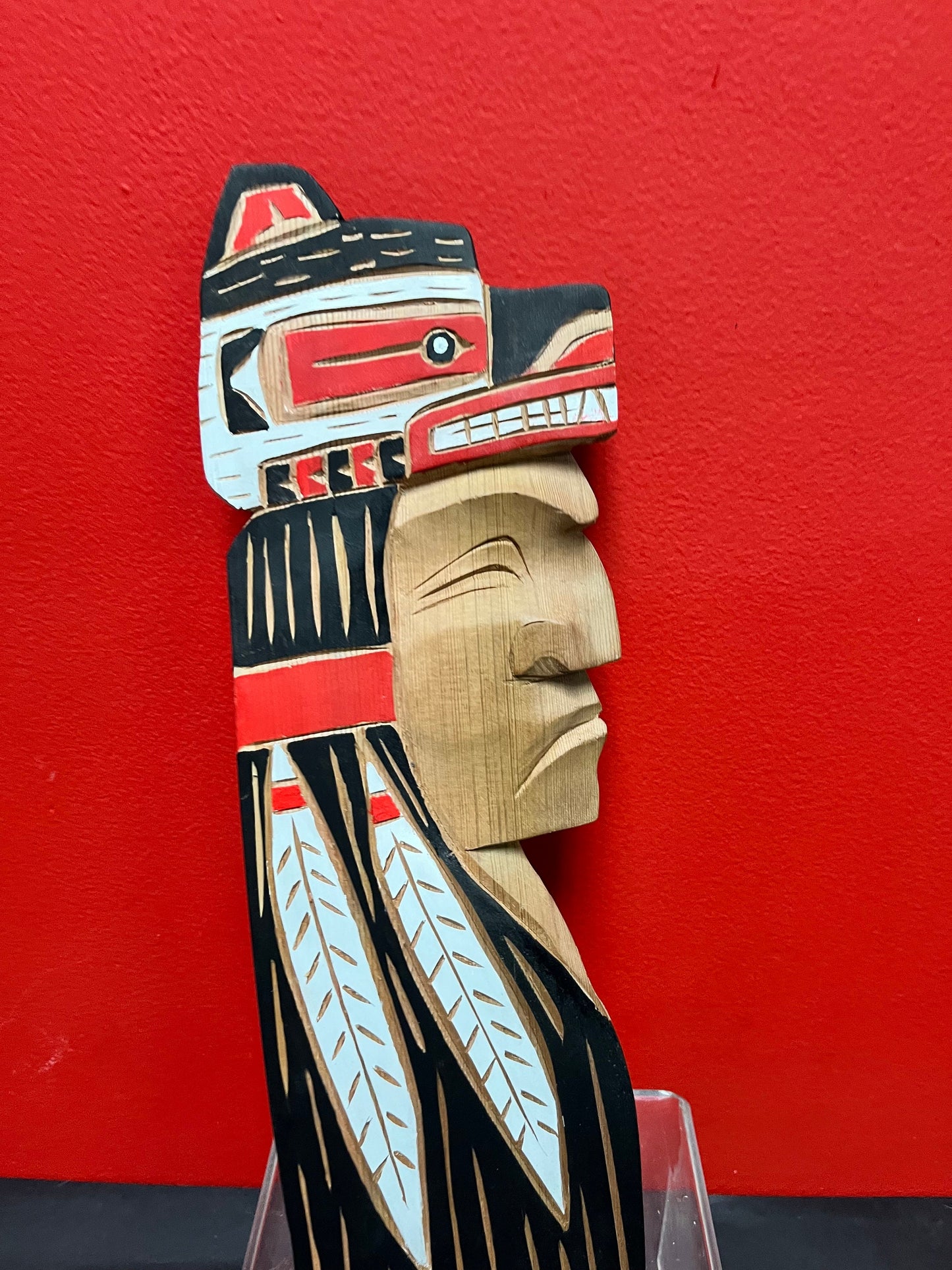 Lovely 14 inch high wolf chief cedar plaque by Brad Joseph- indigenous first Nations, Pacific Northwest coast beauty