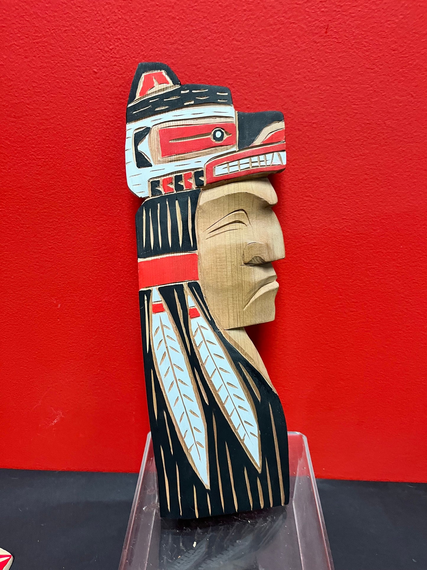 Lovely 14 inch high wolf chief cedar plaque by Brad Joseph- indigenous first Nations, Pacific Northwest coast beauty