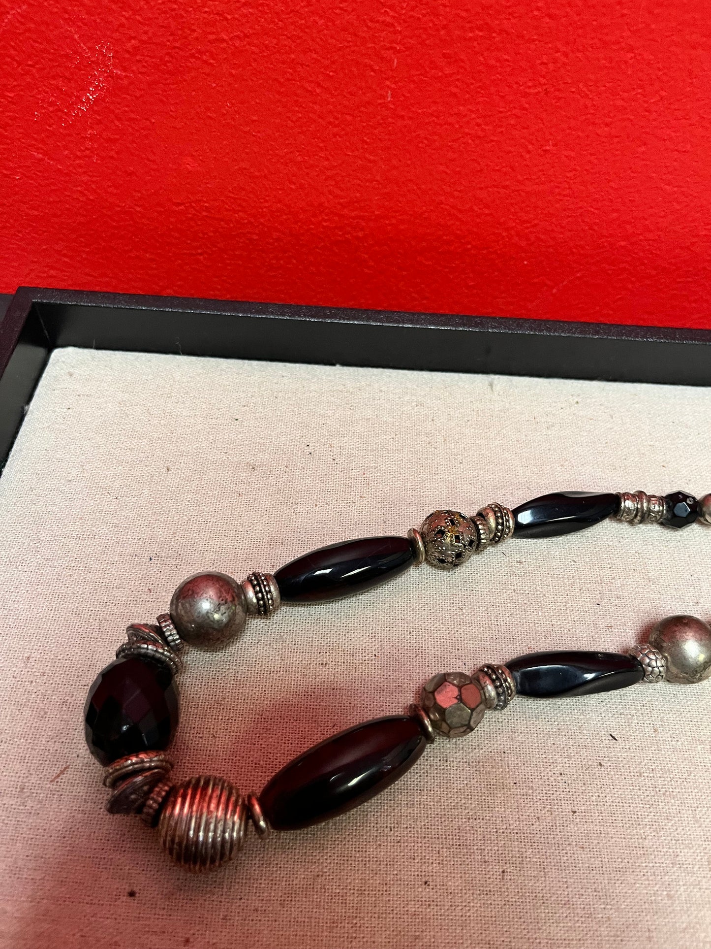 26 inch unique silver and glass bead necklace