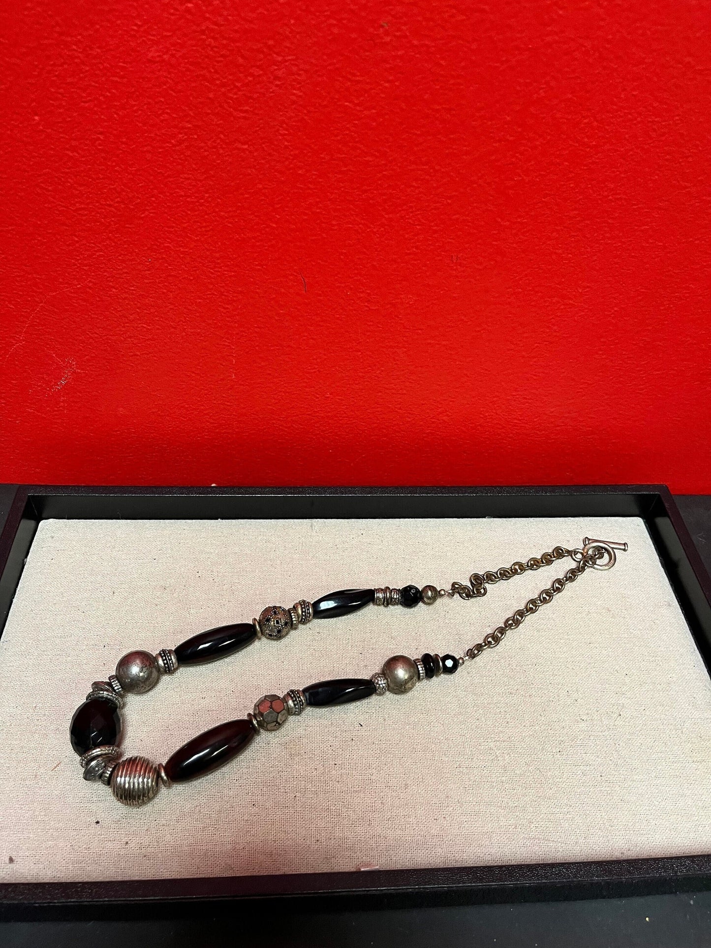 26 inch unique silver and glass bead necklace
