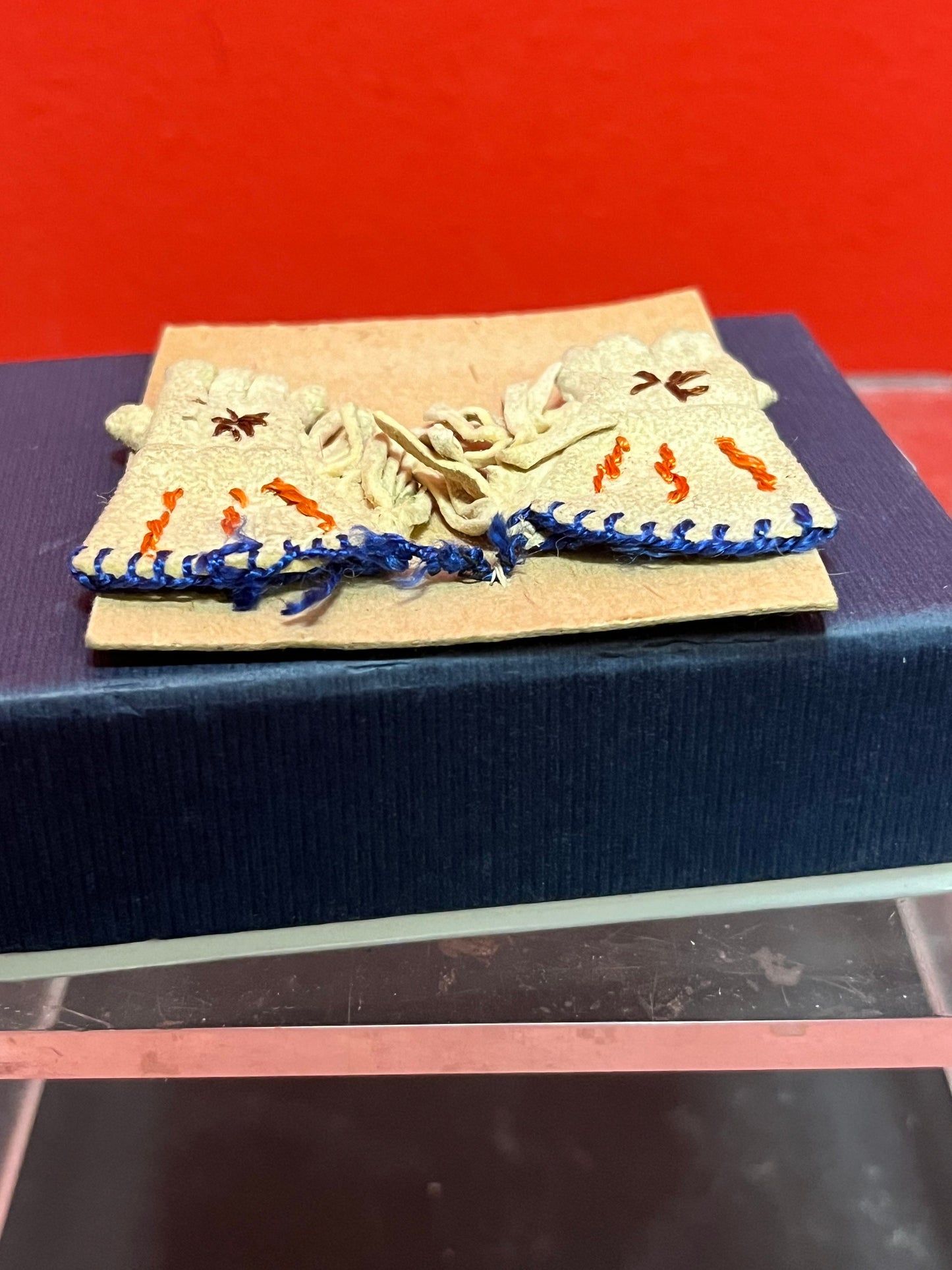 Antique miniature, 2 inch indigenous, first nations Pacific northwest coast embroidered gloves  tiniest most beautiful pair