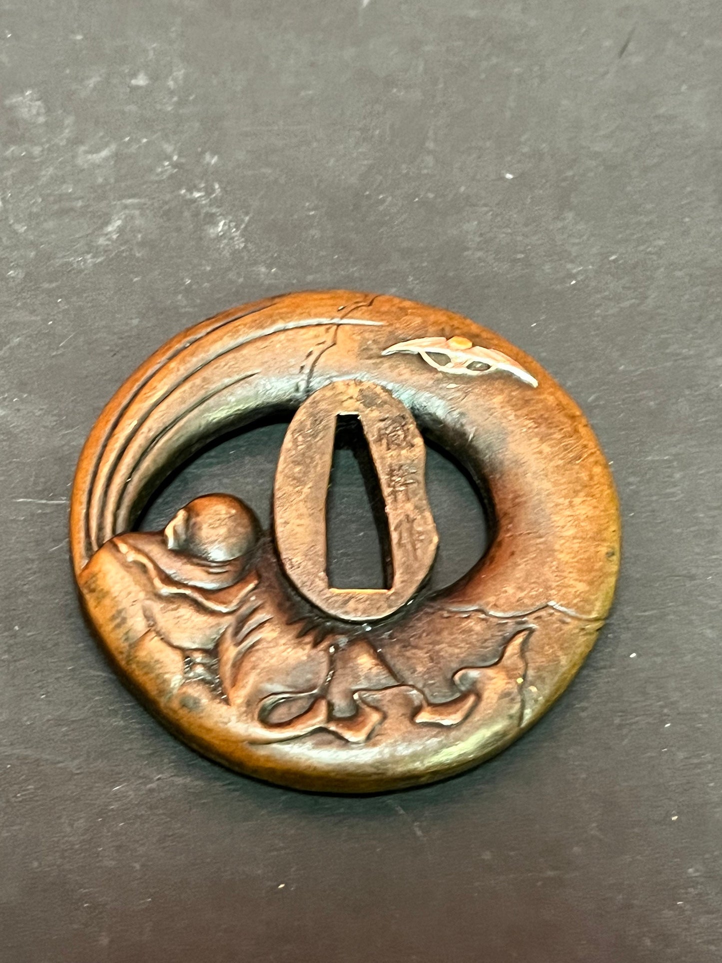 Stunning antique rare signed 3 inch long Japanese samurai tsuba  from important estate  beautiful one