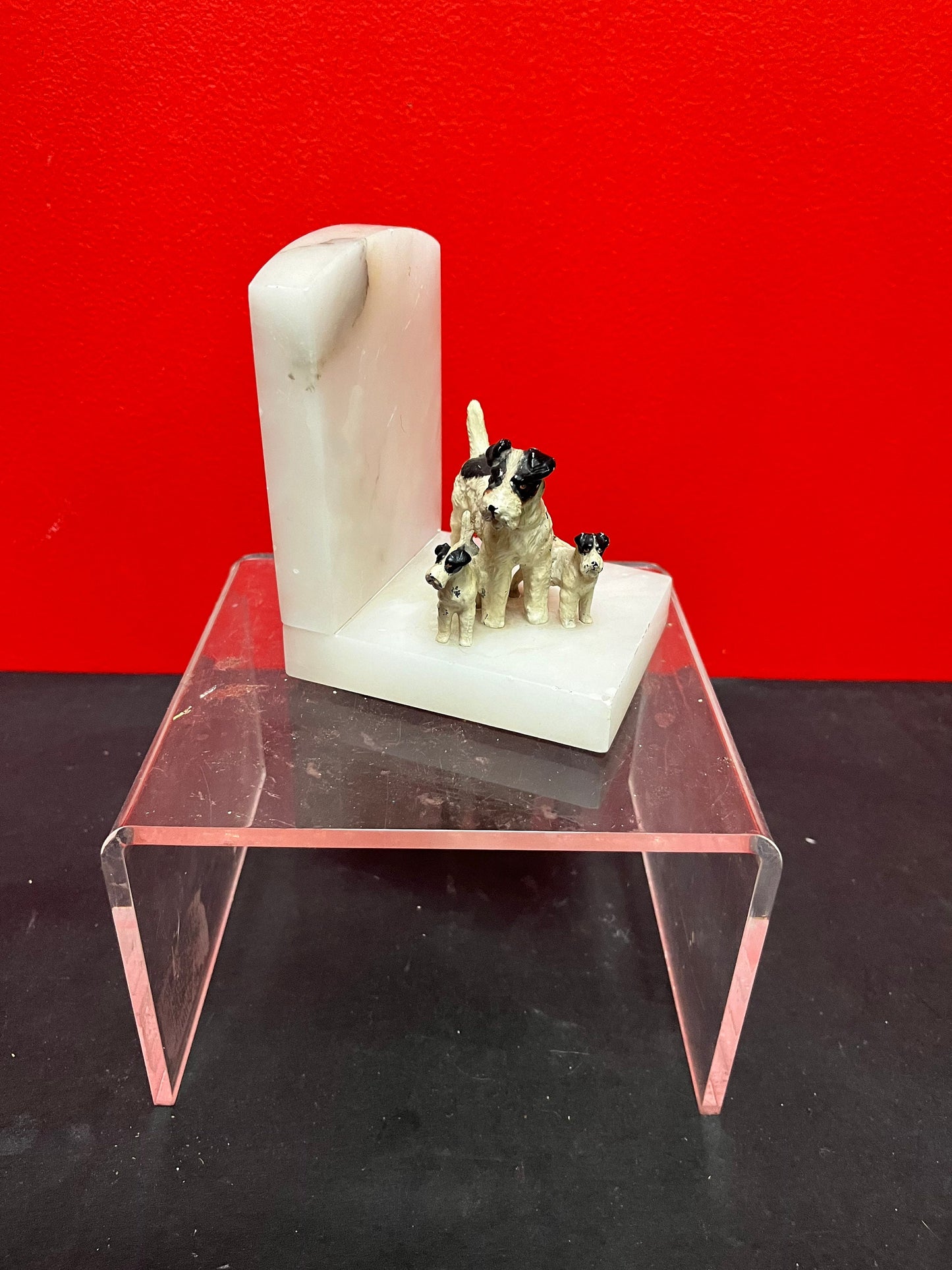 A Lovely 4 inch European cold  painted bronze terrier dog statue on marble book end