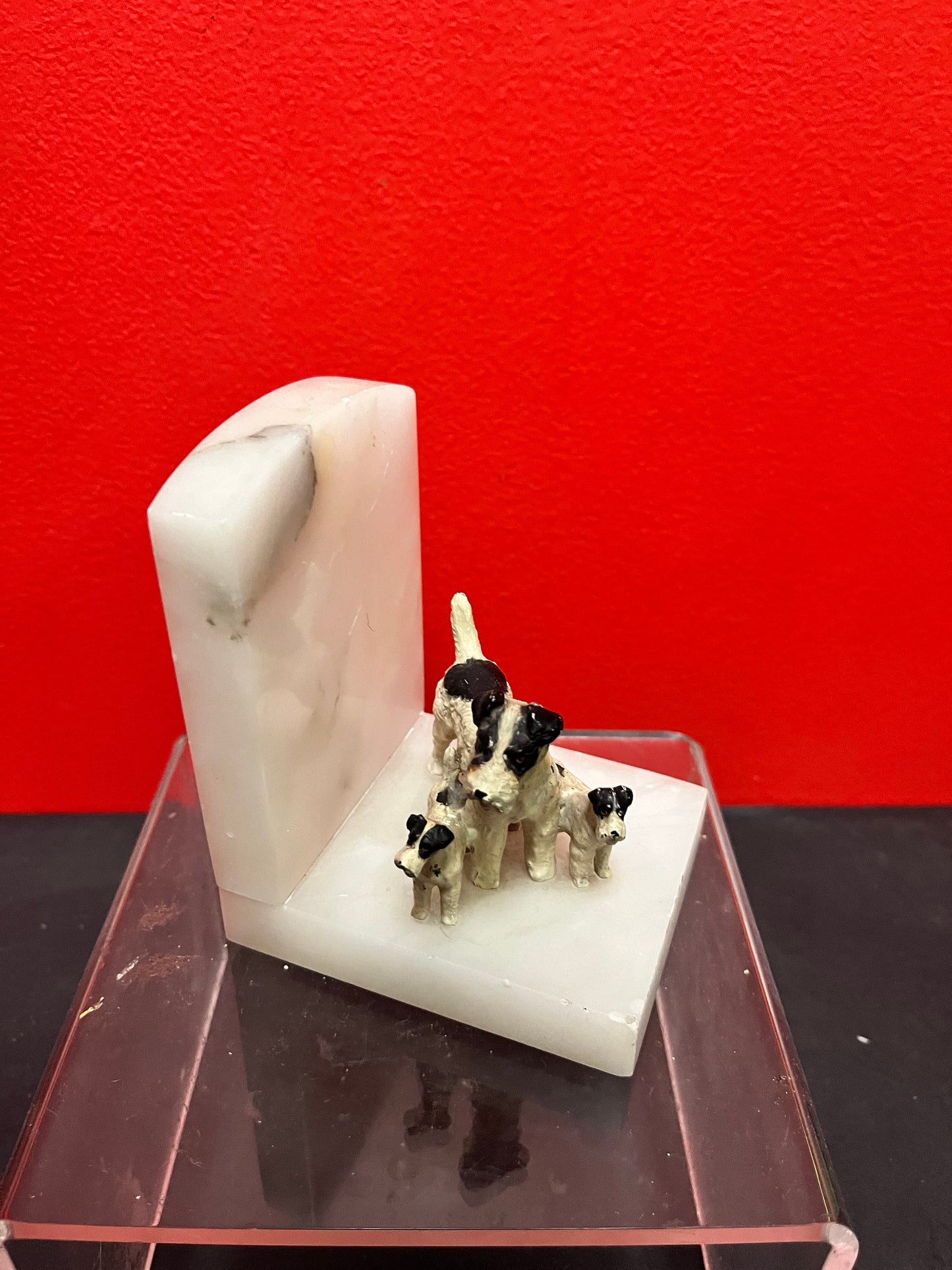 A Lovely 4 inch European cold  painted bronze terrier dog statue on marble book end