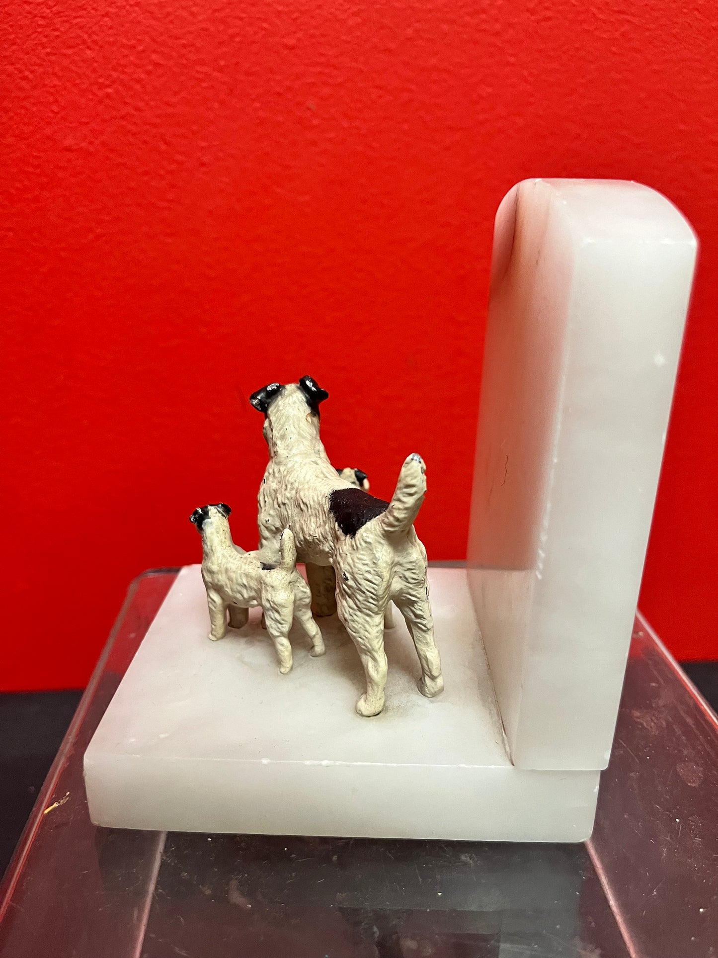 A Lovely 4 inch European cold  painted bronze terrier dog statue on marble book end