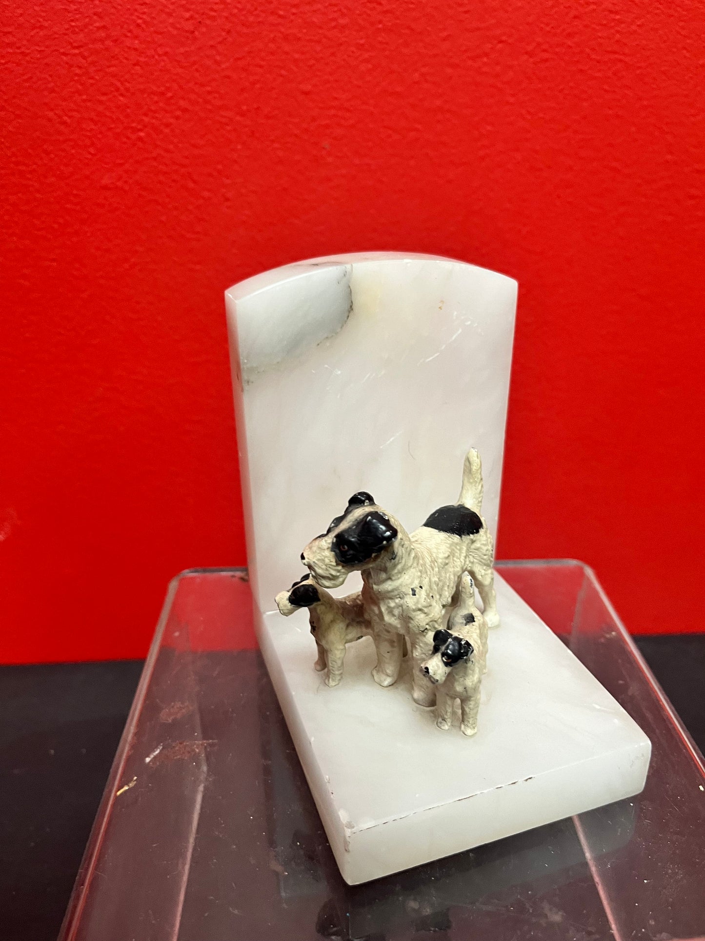 A Lovely 4 inch European cold  painted bronze terrier dog statue on marble book end