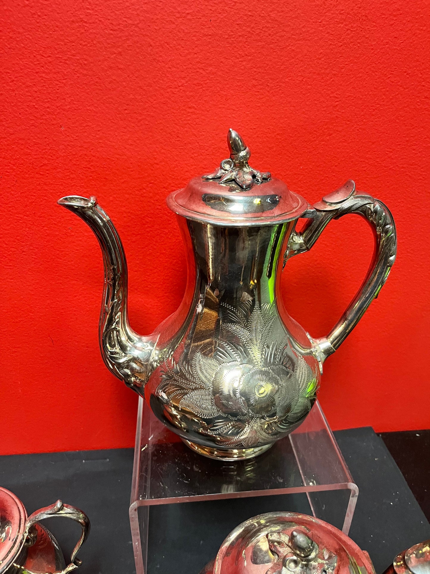 Stunning antique silver plated, coffee, and tea service in mint condition  heavily decorated and a perfect gift  wow