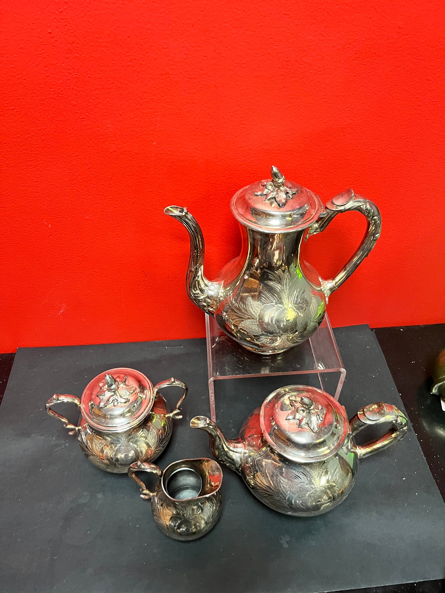 Stunning antique silver plated, coffee, and tea service in mint condition  heavily decorated and a perfect gift  wow