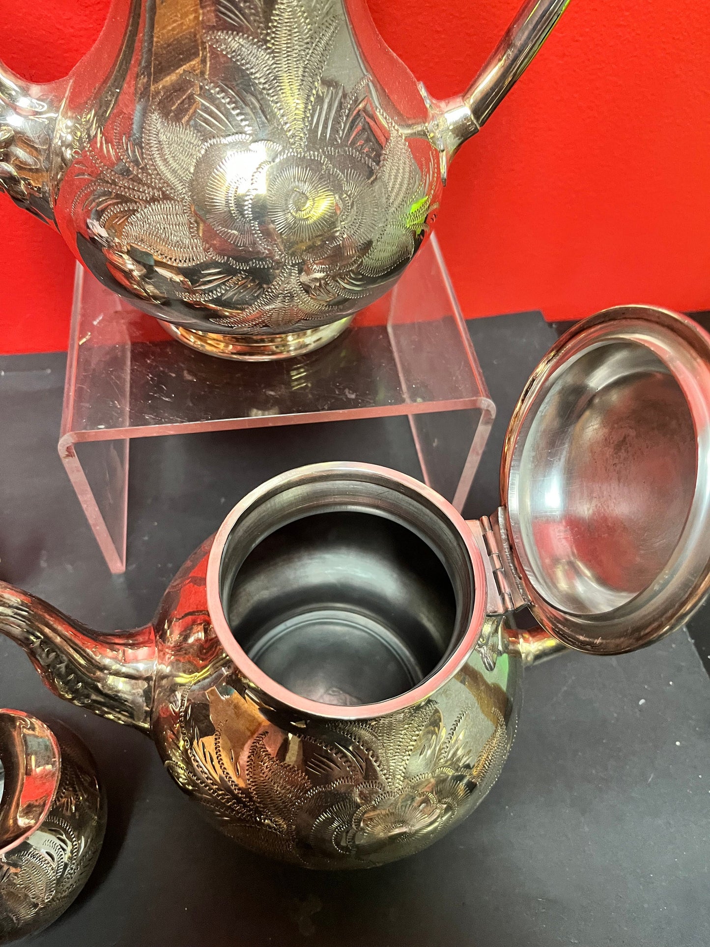 Stunning antique silver plated, coffee, and tea service in mint condition  heavily decorated and a perfect gift  wow