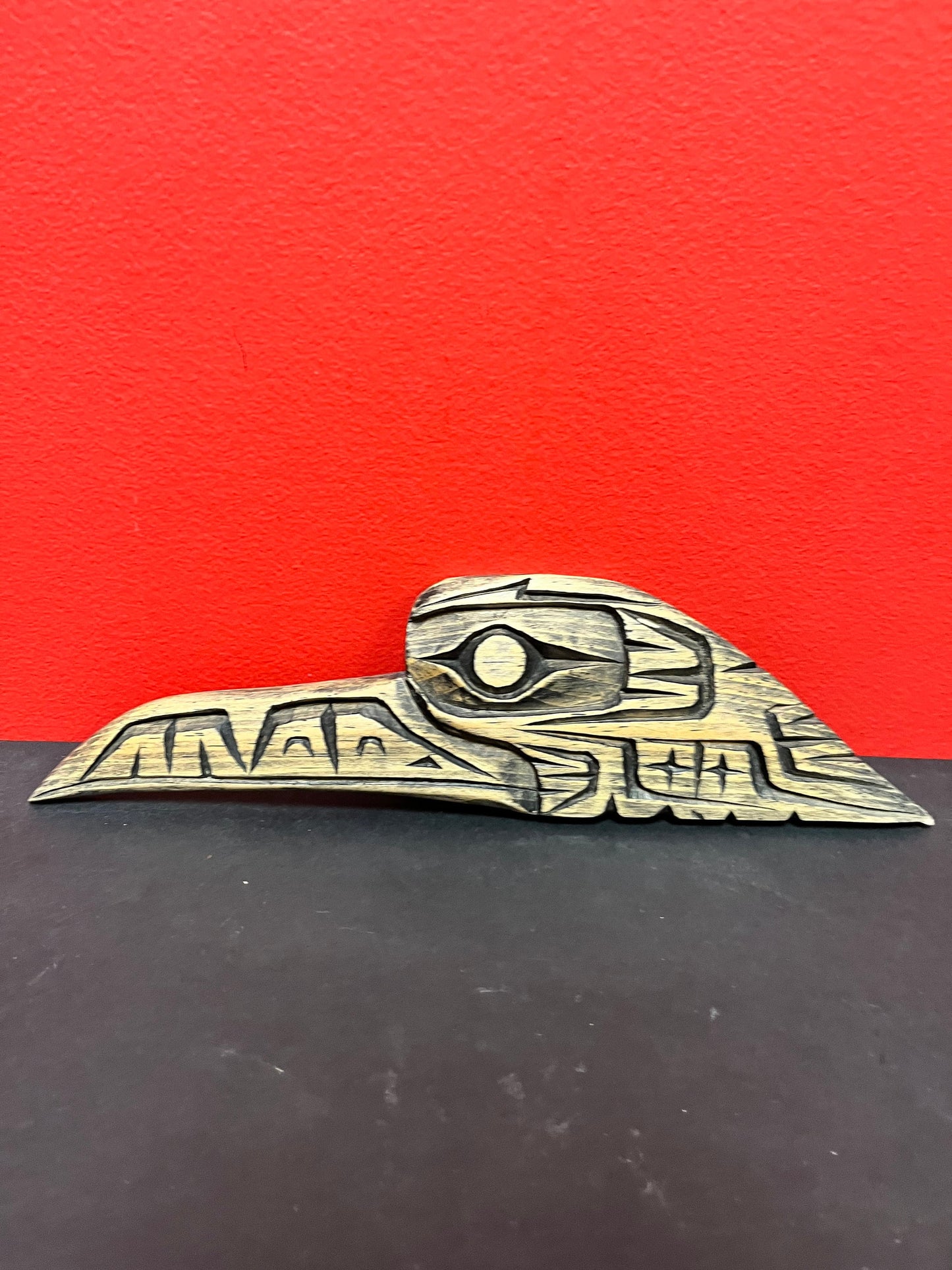 11 inch long raven carving  plaque signed  indigenous, first nations, Pacific Northwest coast great detail