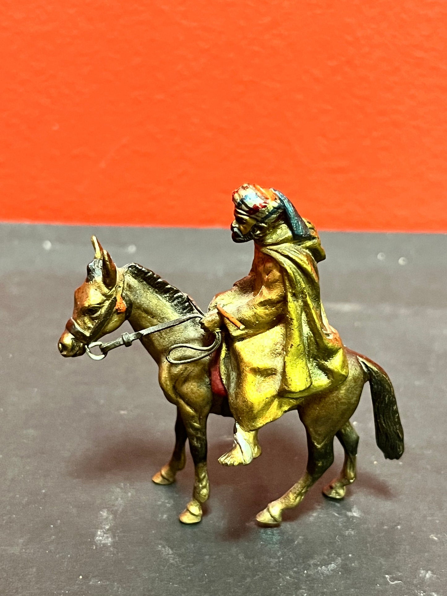 Stunning antique Austrian cold, painted bronze over an Arabic gentleman on a horse