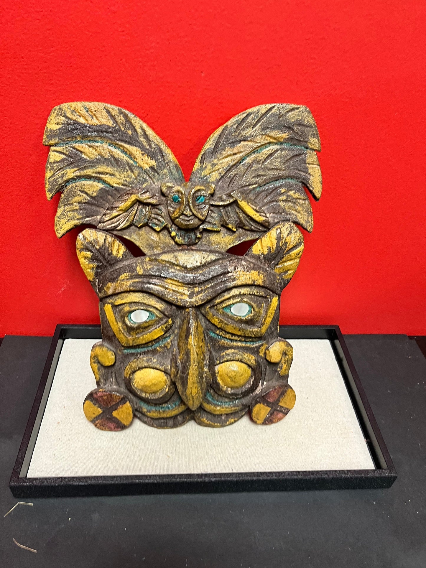 A  Lovely 13 x 8 wide older central American tribal mask  amazing patina and colours  needs a hanger  great value