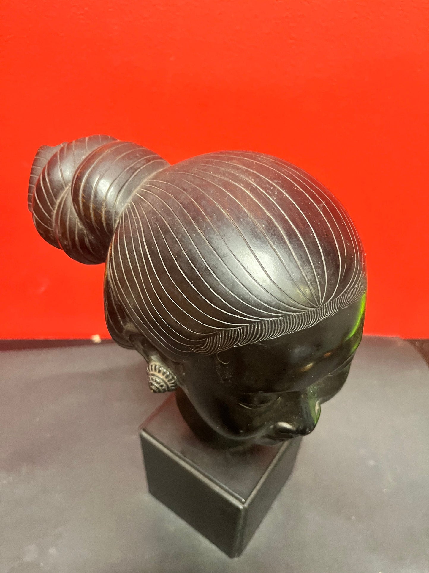 A  Fabulous 13 inch tall signed bronze bust of a ladies head on marble base   Heavy and realistic museum quality bronze