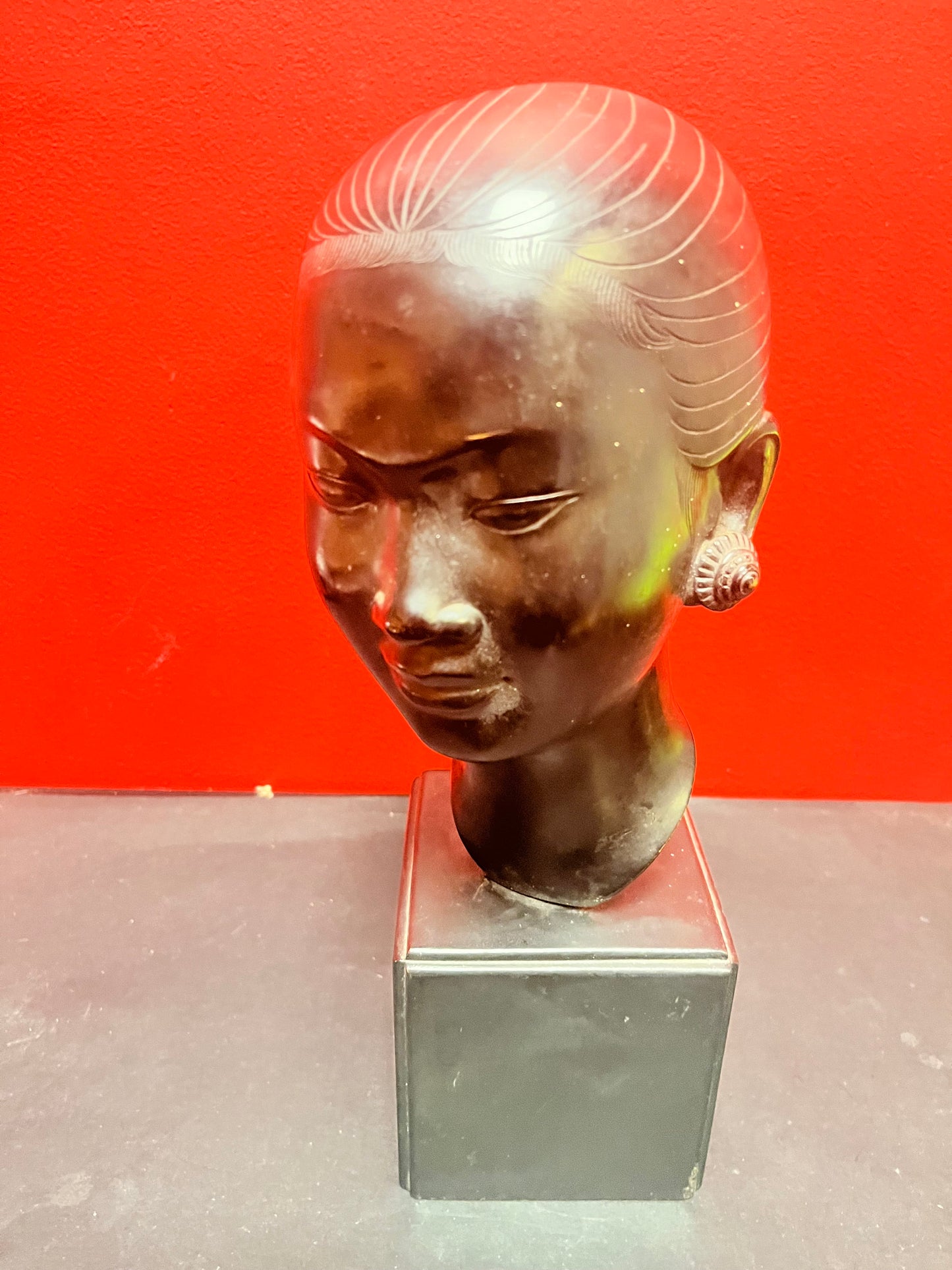 A  Fabulous 13 inch tall signed bronze bust of a ladies head on marble base   Heavy and realistic museum quality bronze