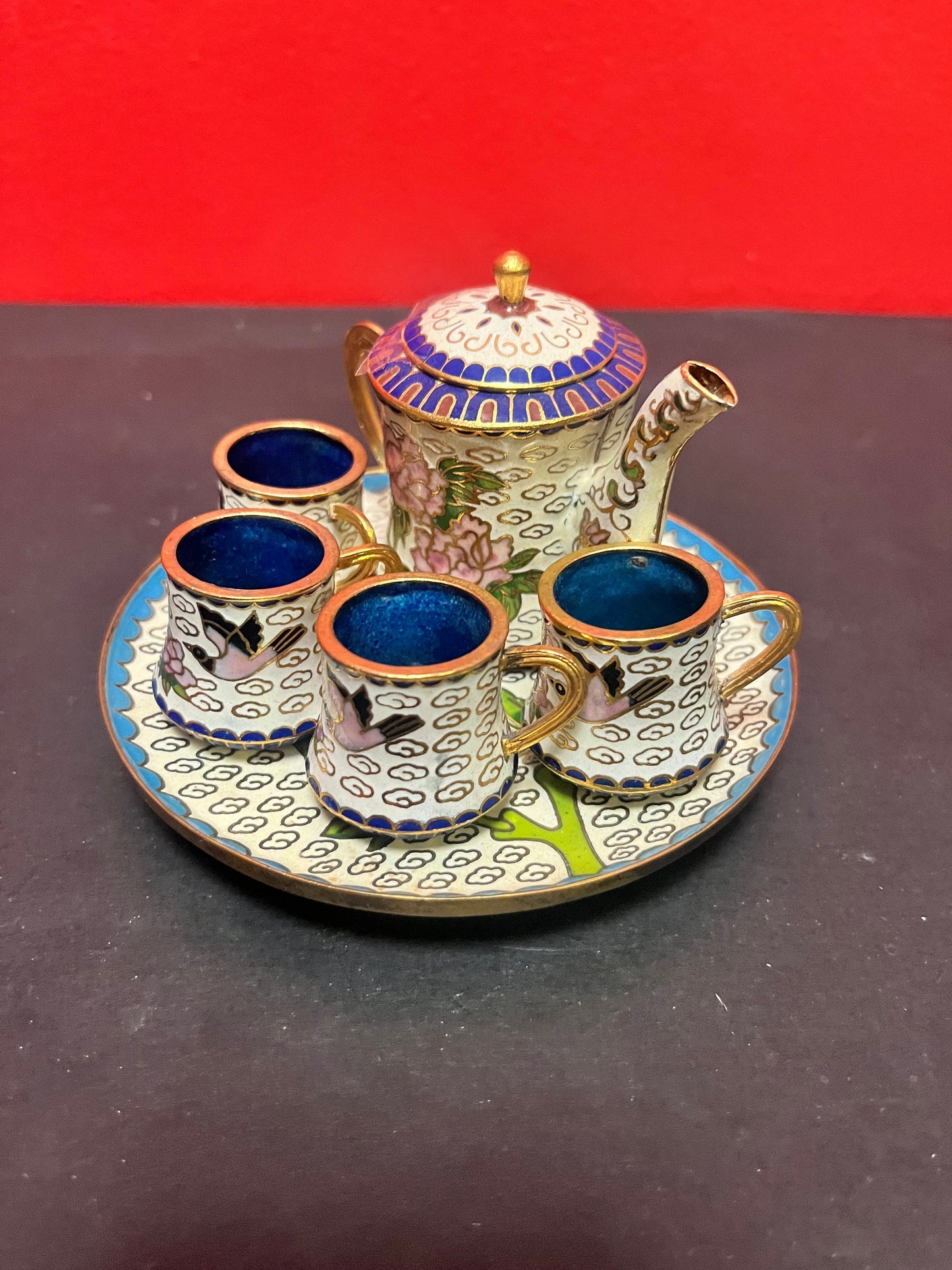 Six piece miniature cloisonné tea-set in mint condition  nice group  value priced