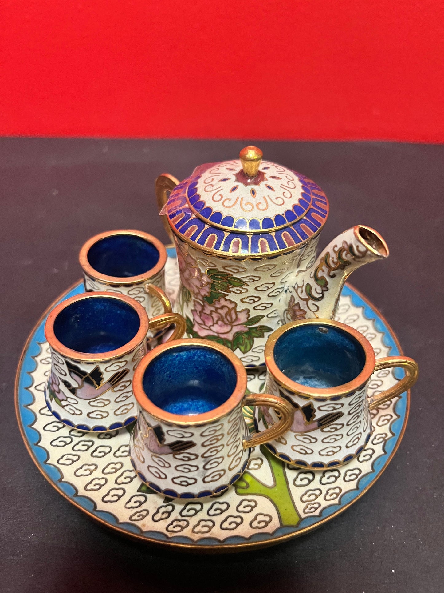 Six piece miniature cloisonné tea-set in mint condition  nice group  value priced