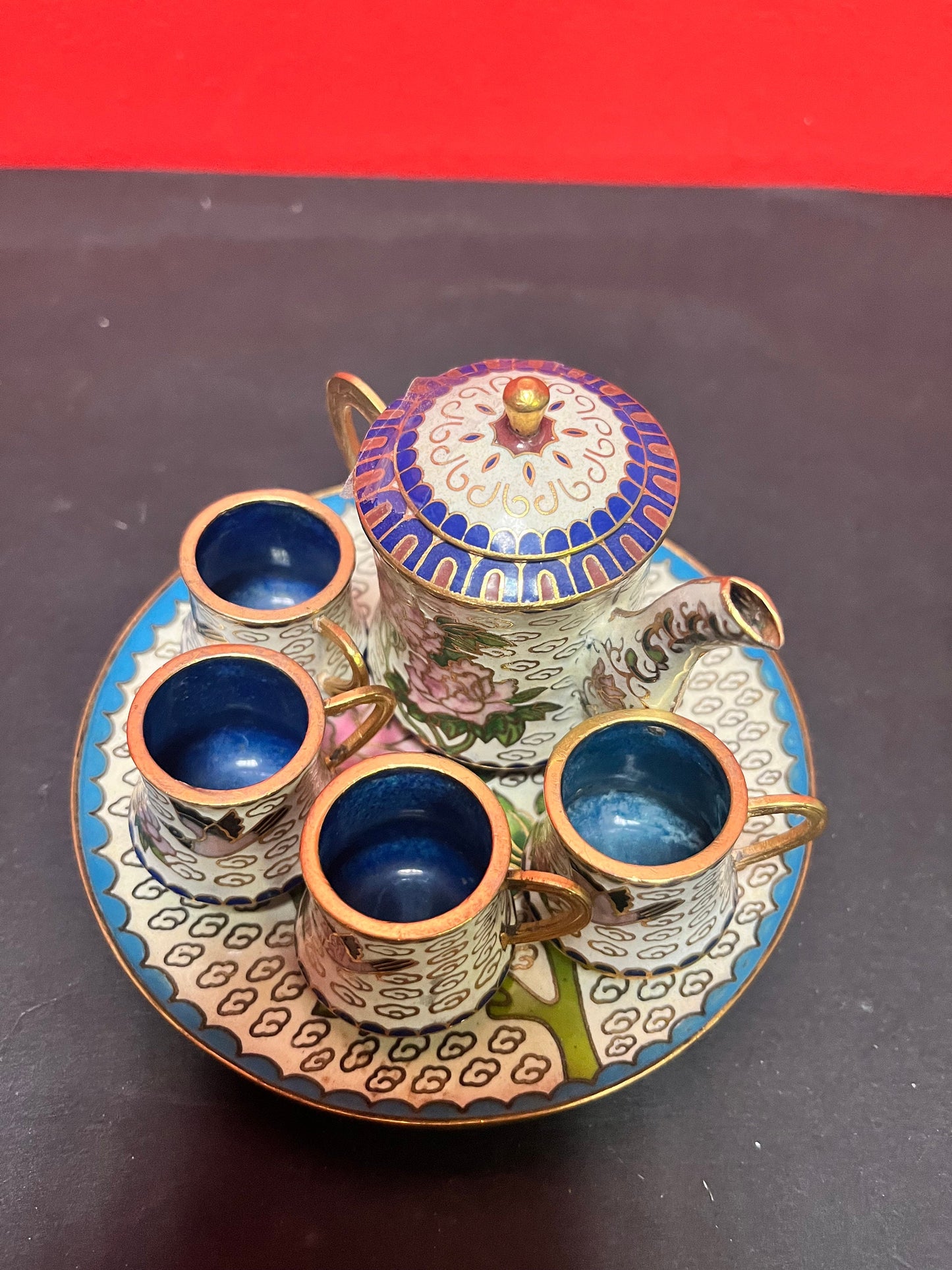 Six piece miniature cloisonné tea-set in mint condition  nice group  value priced