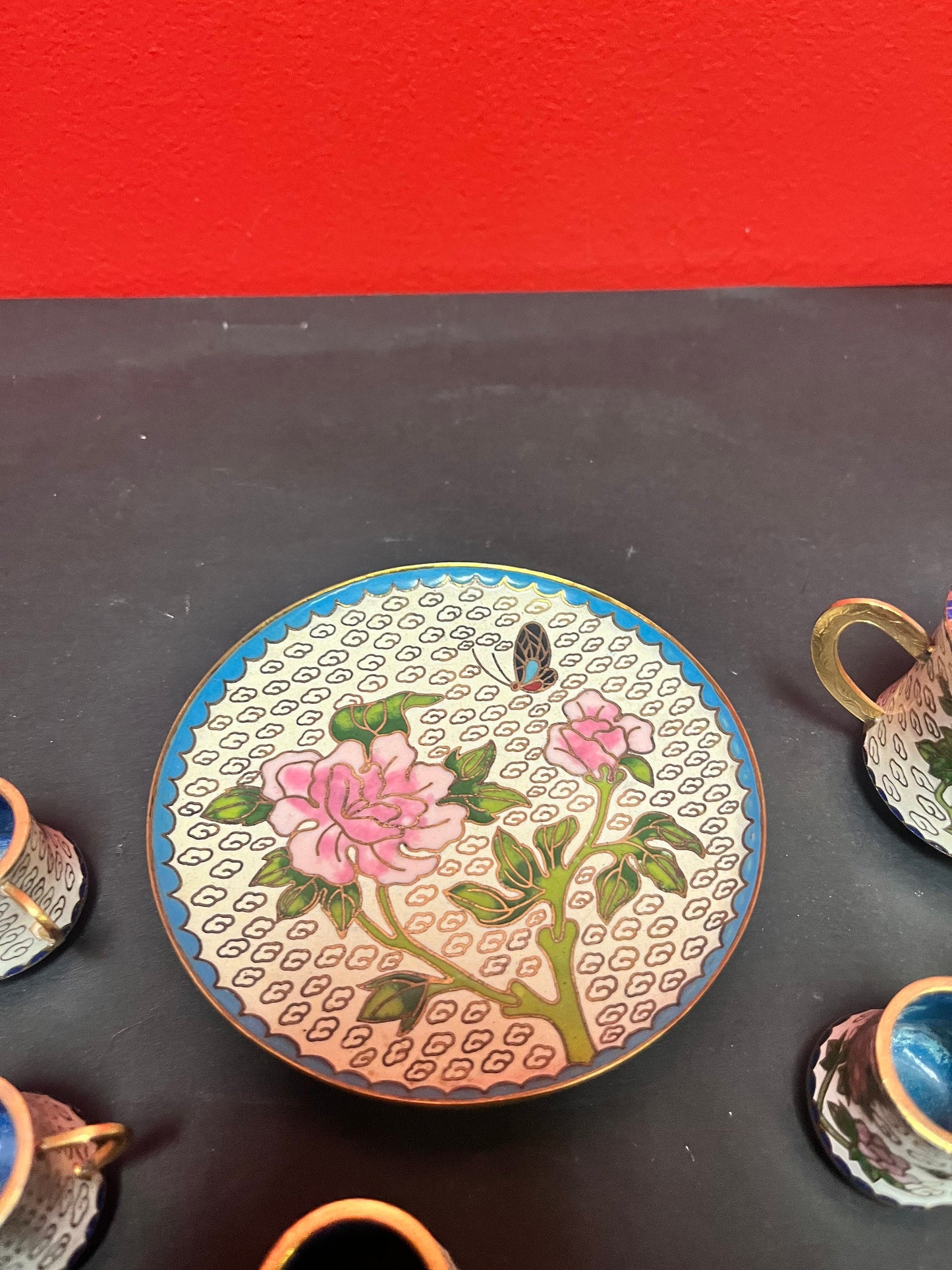 Six piece miniature cloisonné tea-set in mint condition  nice group  value priced