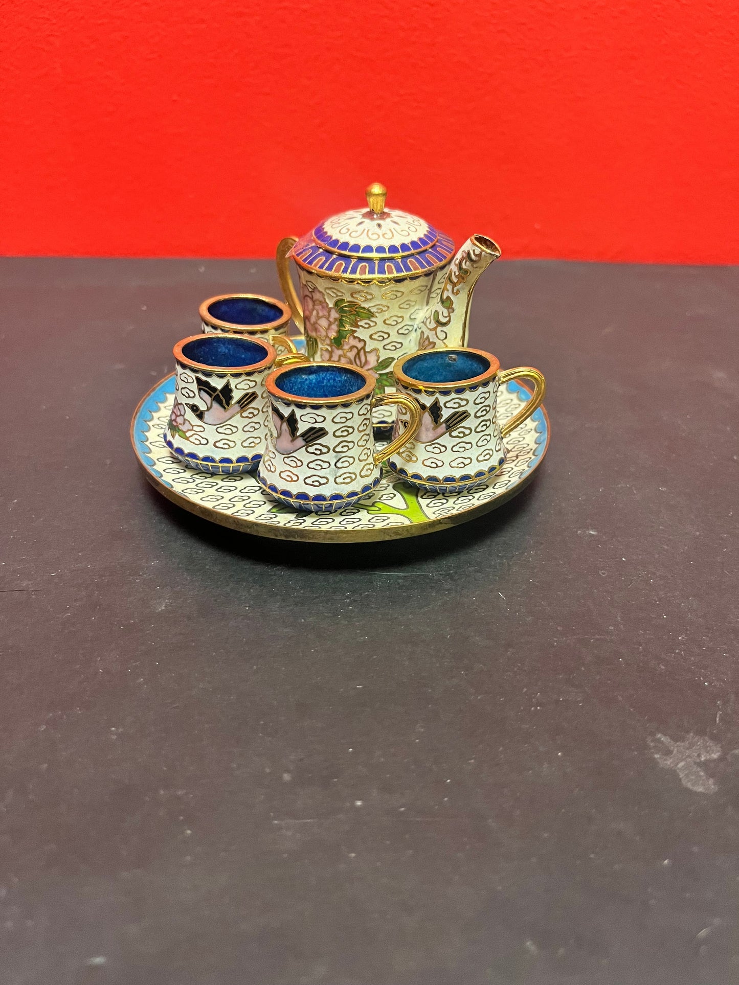 Six piece miniature cloisonné tea-set in mint condition  nice group  value priced