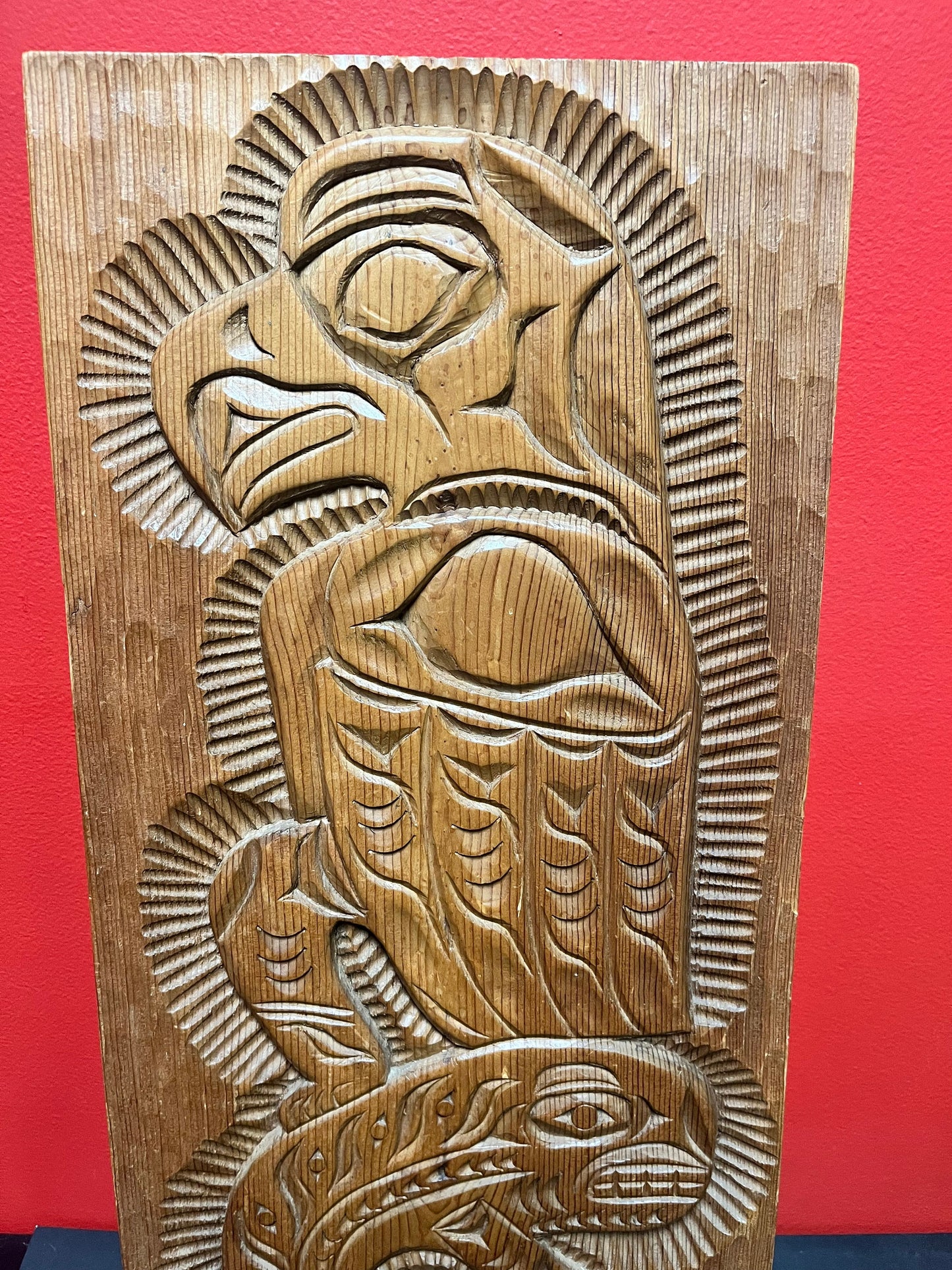 24 x 11“ indigenous first nations, Pacific Northwest coast signed Eagle killer whale plaque  - nice detail and imagery