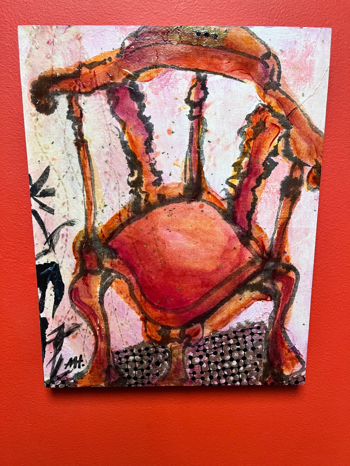 Exquisite 14 x 11“ well-known Vancouver Island artist Marie Heath  untitled abstract of a chair  gorgeous acrylic on wood  great detail
