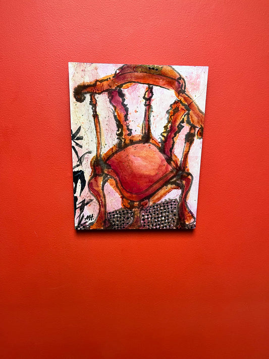 Exquisite 14 x 11“ well-known Vancouver Island artist Marie Heath  untitled abstract of a chair  gorgeous acrylic on wood  great detail