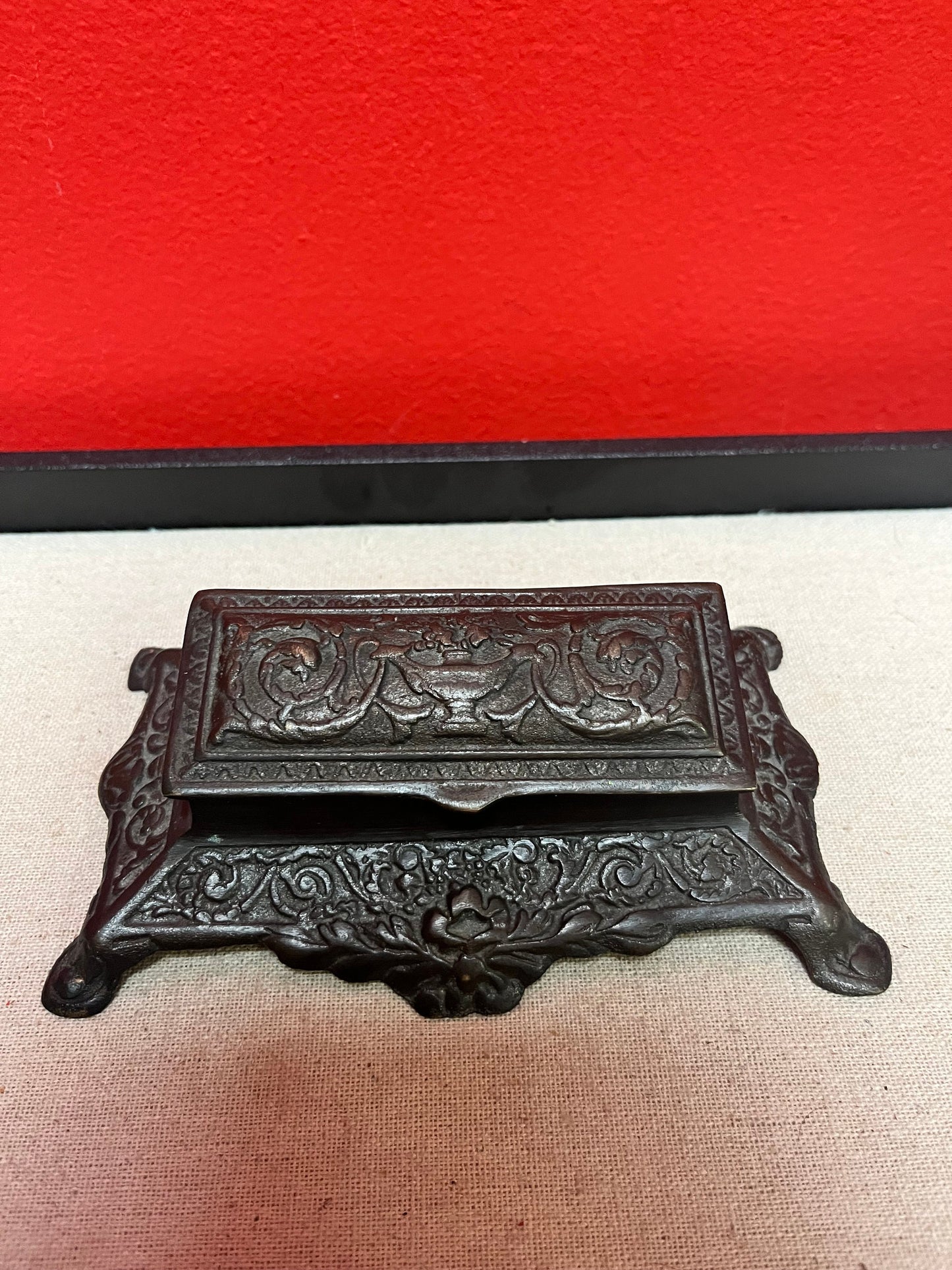 6 x 2 high antique bronze stamp box   English, heavily decorated  beautiful gift or for your desk