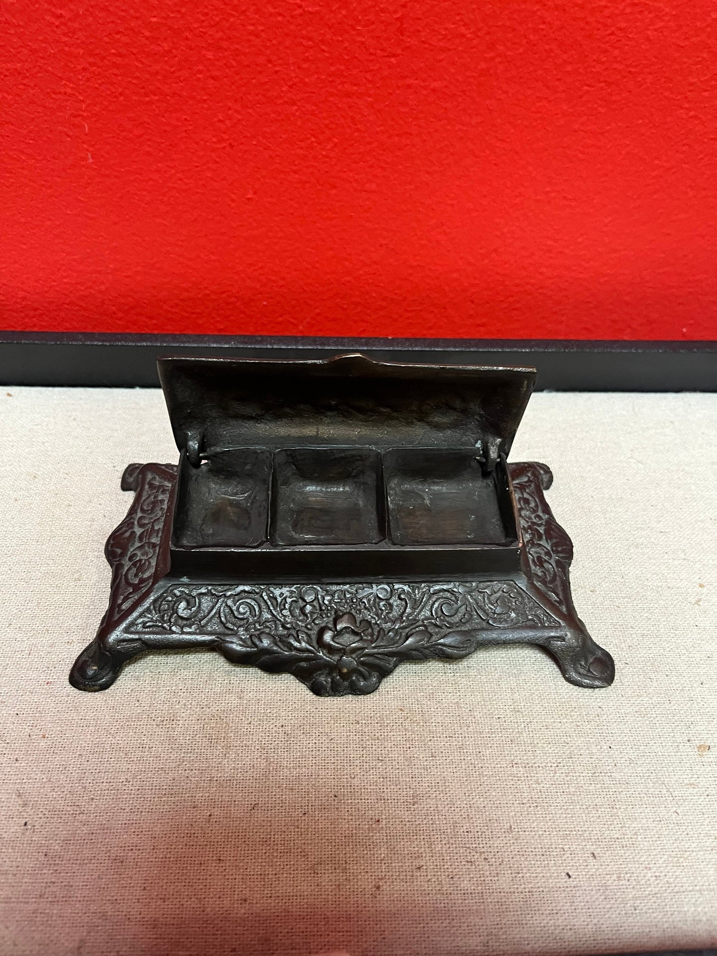 6 x 2 high antique bronze stamp box   English, heavily decorated  beautiful gift or for your desk