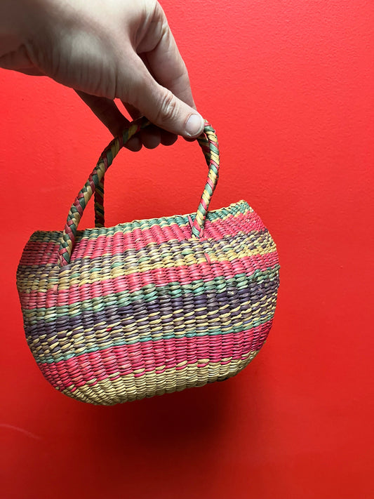 Very cool older North American indigenous woven basket   8 inches  amazing color and shape Navajo style