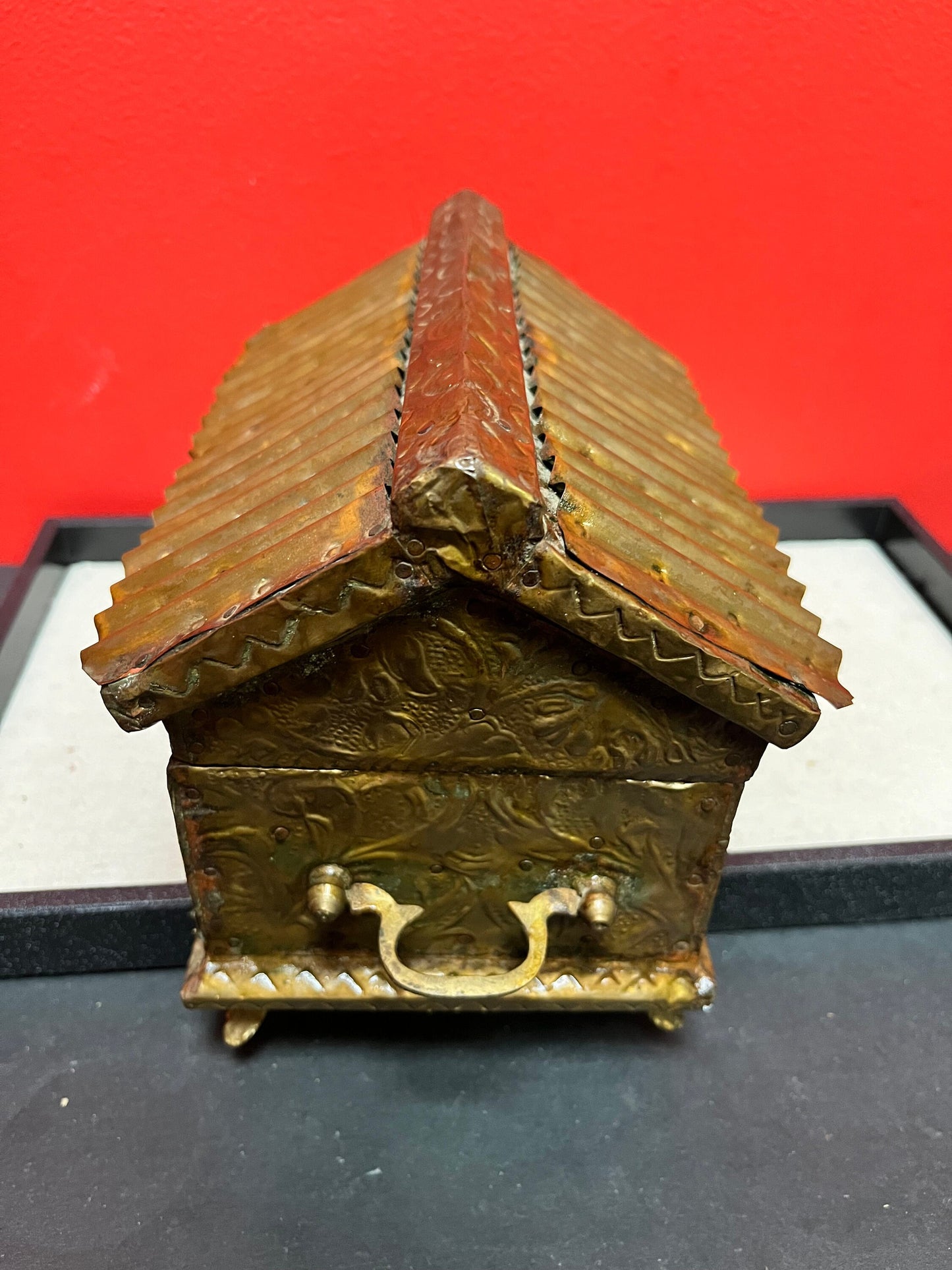 Beautiful 8 x 5 x 6 high  antique Indian brass box with velvet lining many uses and luxurious piece  great for a gift