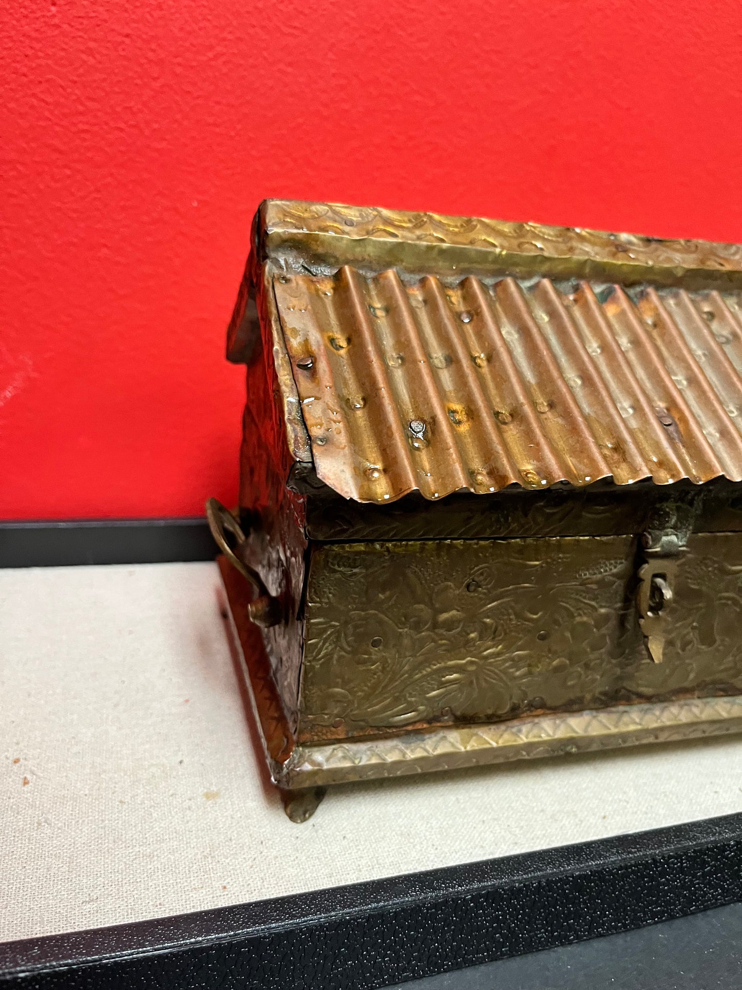Beautiful 8 x 5 x 6 high  antique Indian brass box with velvet lining many uses and luxurious piece  great for a gift