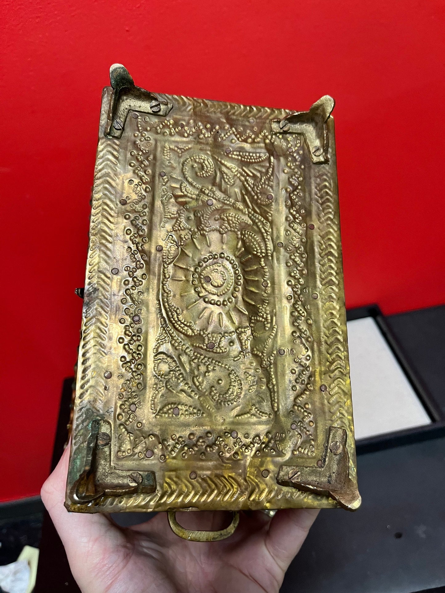 Beautiful 8 x 5 x 6 high  antique Indian brass box with velvet lining many uses and luxurious piece  great for a gift