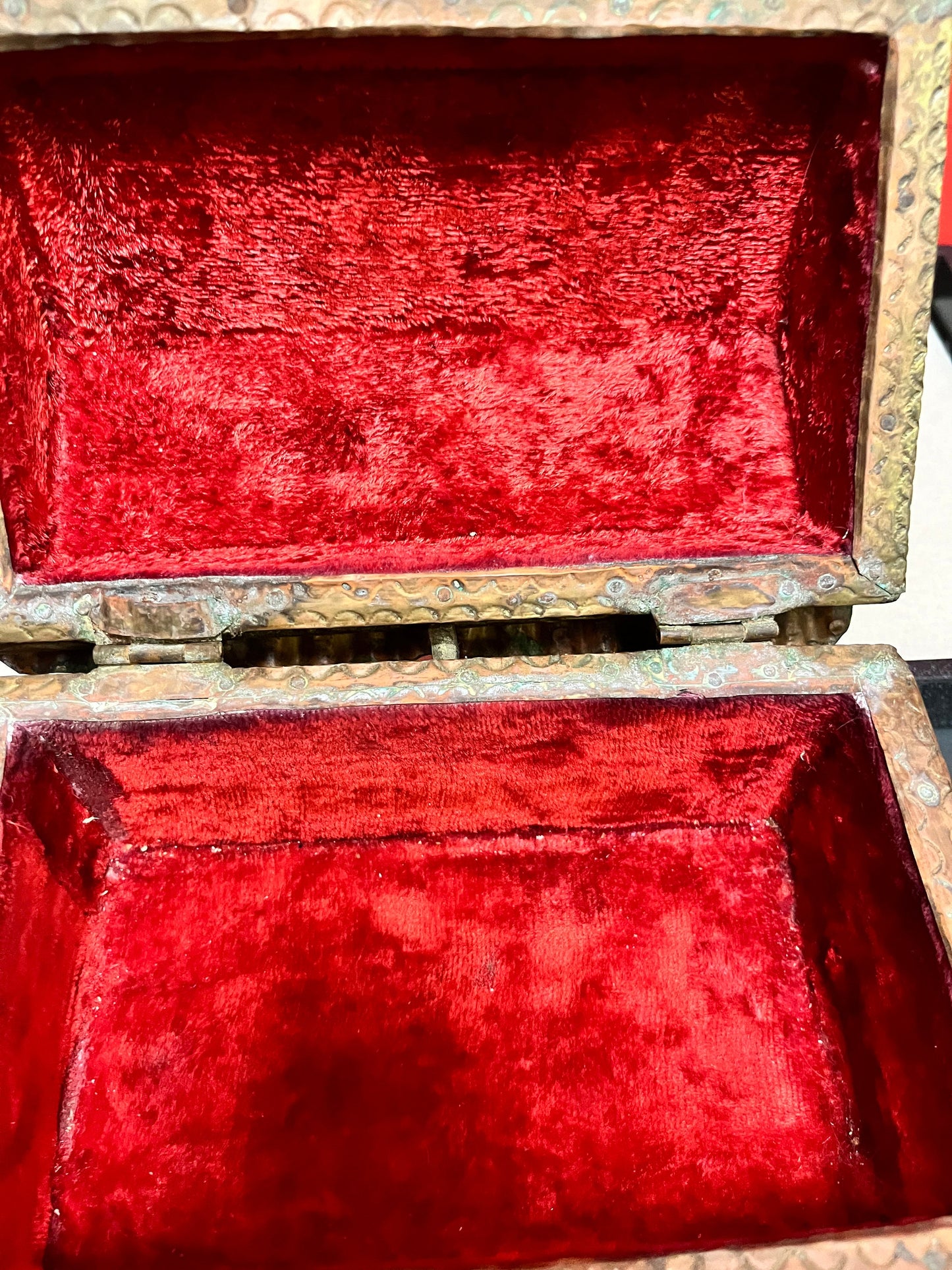 Beautiful 8 x 5 x 6 high  antique Indian brass box with velvet lining many uses and luxurious piece  great for a gift