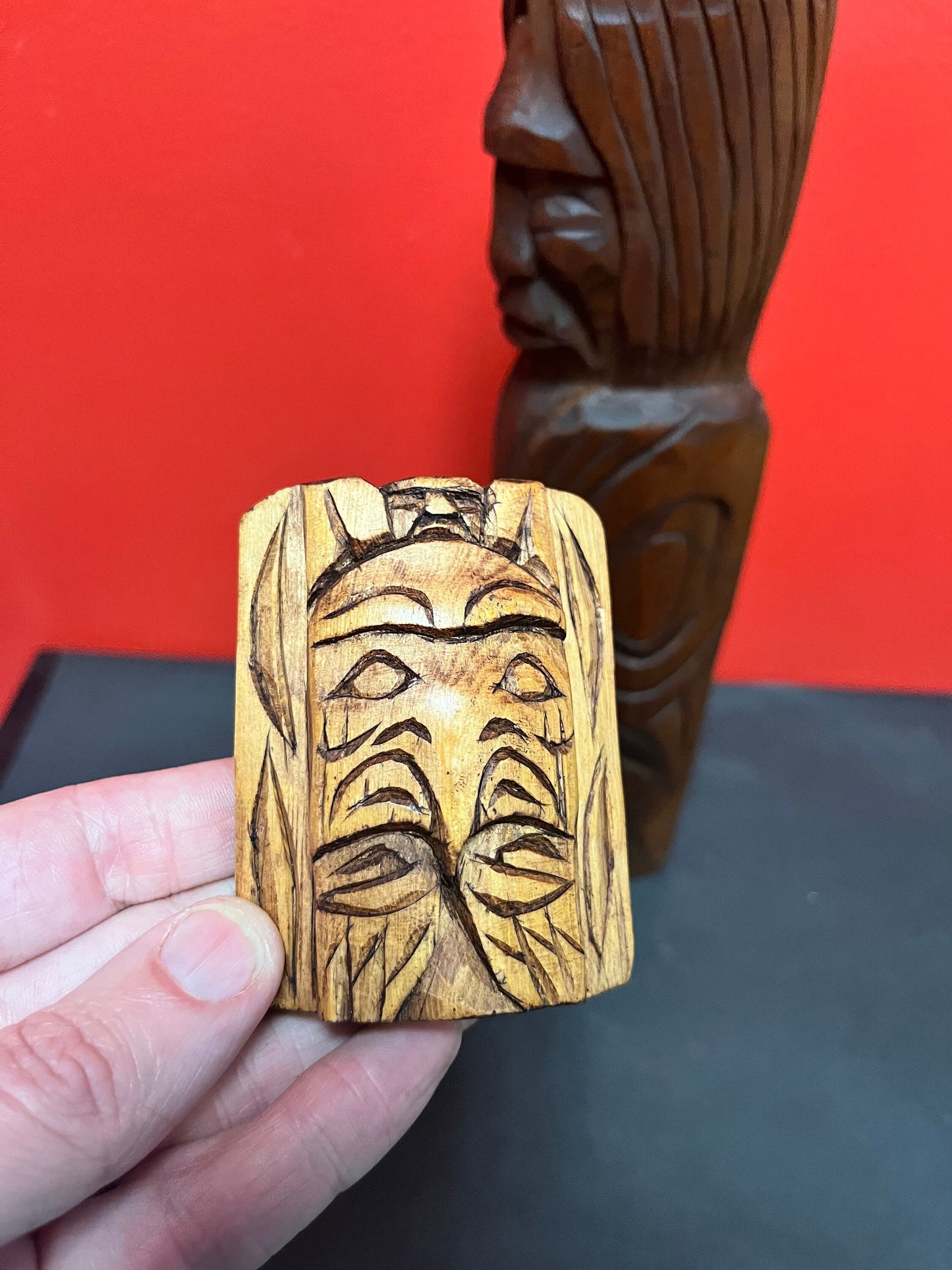 16 inch tall mask on totem statue   incredible Stan Joseph indigenous first nations Pacific northwest coast unique and beautiful -