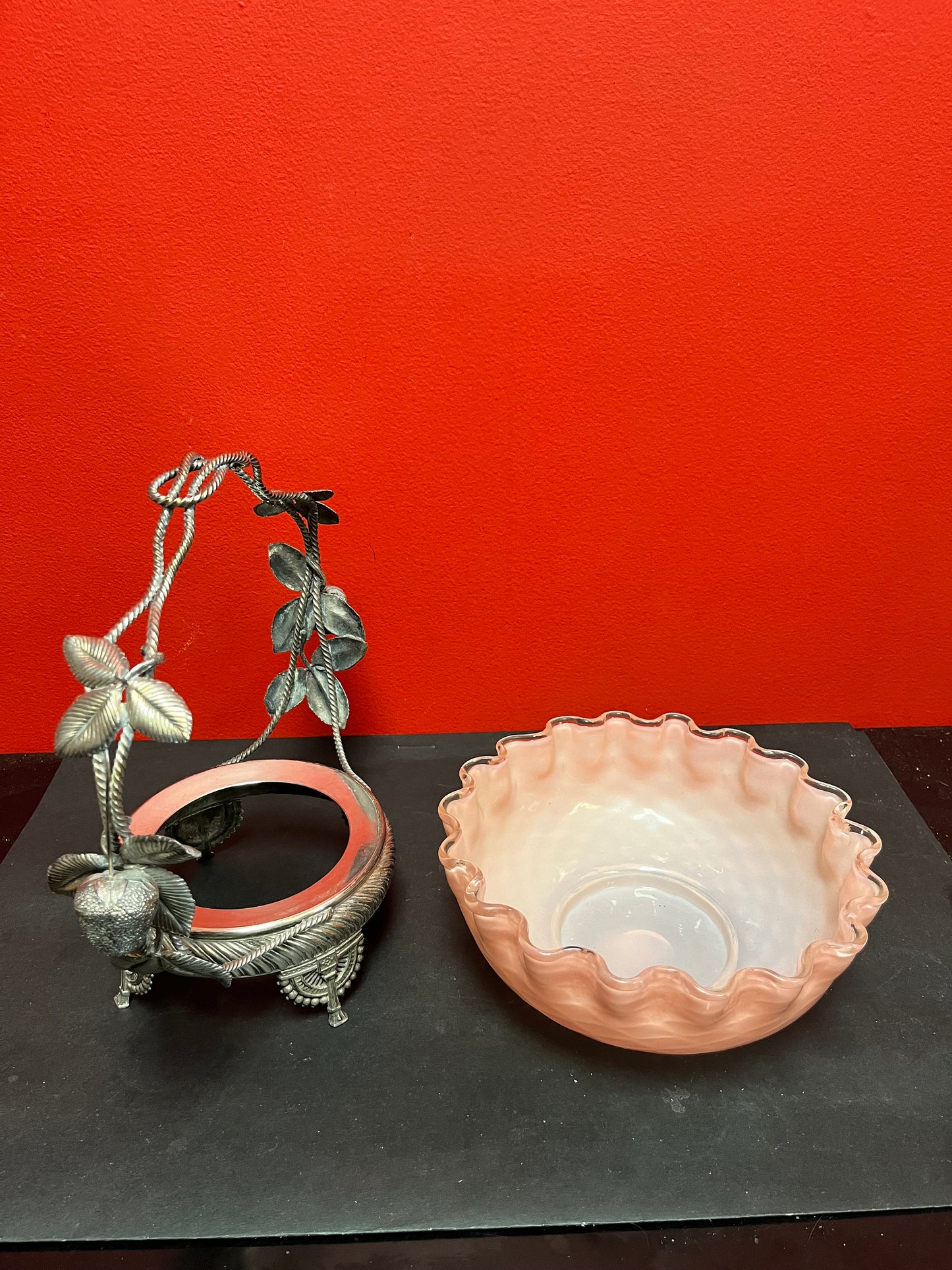 Stunning 11 x 11 antique silver plated and Venetian glass bridal basket  authentic and mint condition