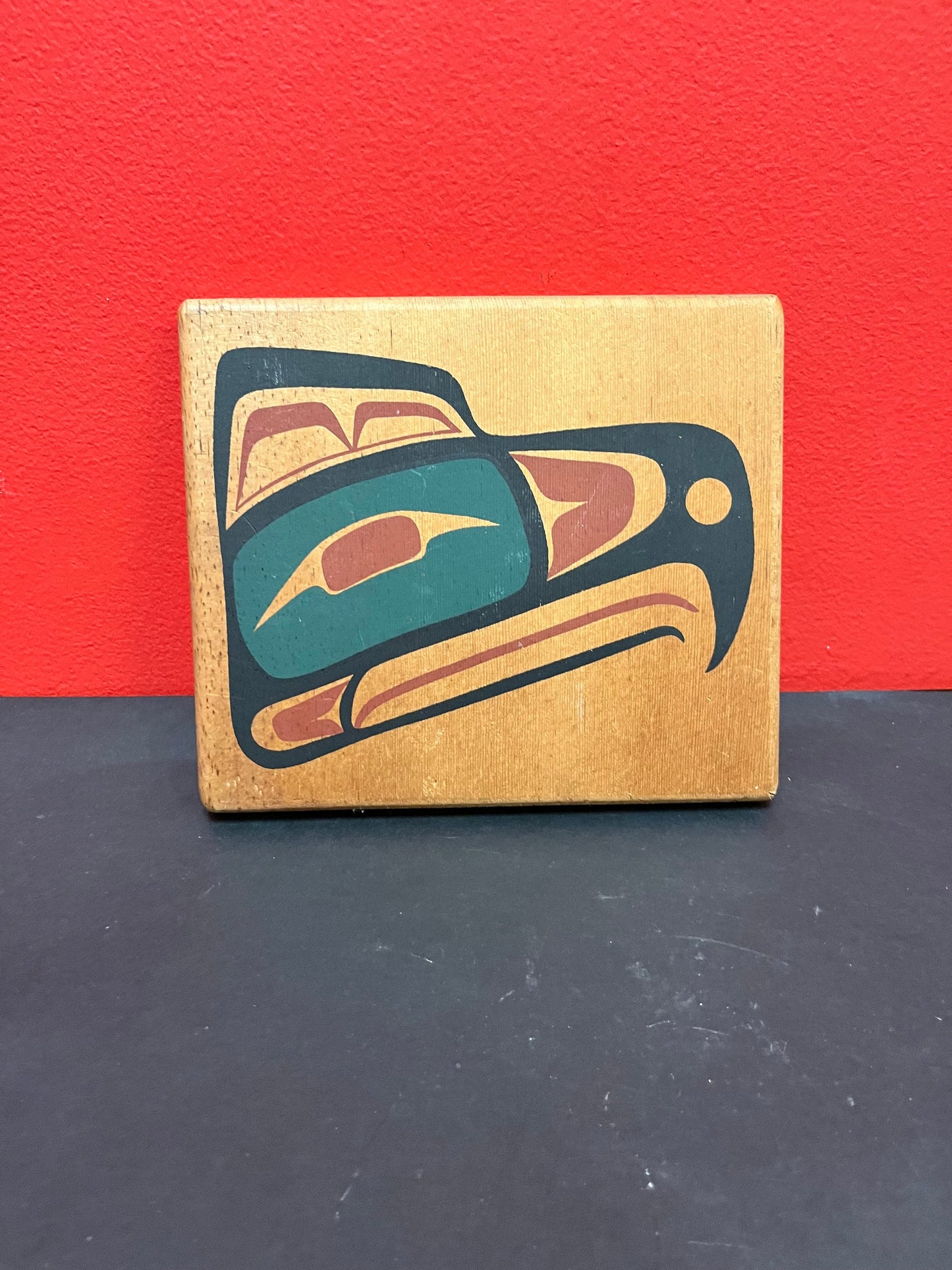 7 1/2 x 6 1/2 indigenous first nations, Pacific Northwest Coast painted plaque on wood