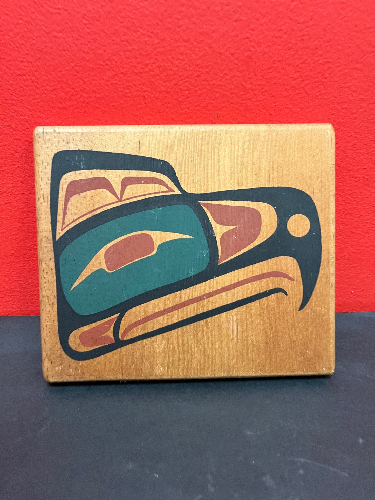 7 1/2 x 6 1/2 indigenous first nations, Pacific Northwest Coast painted plaque on wood