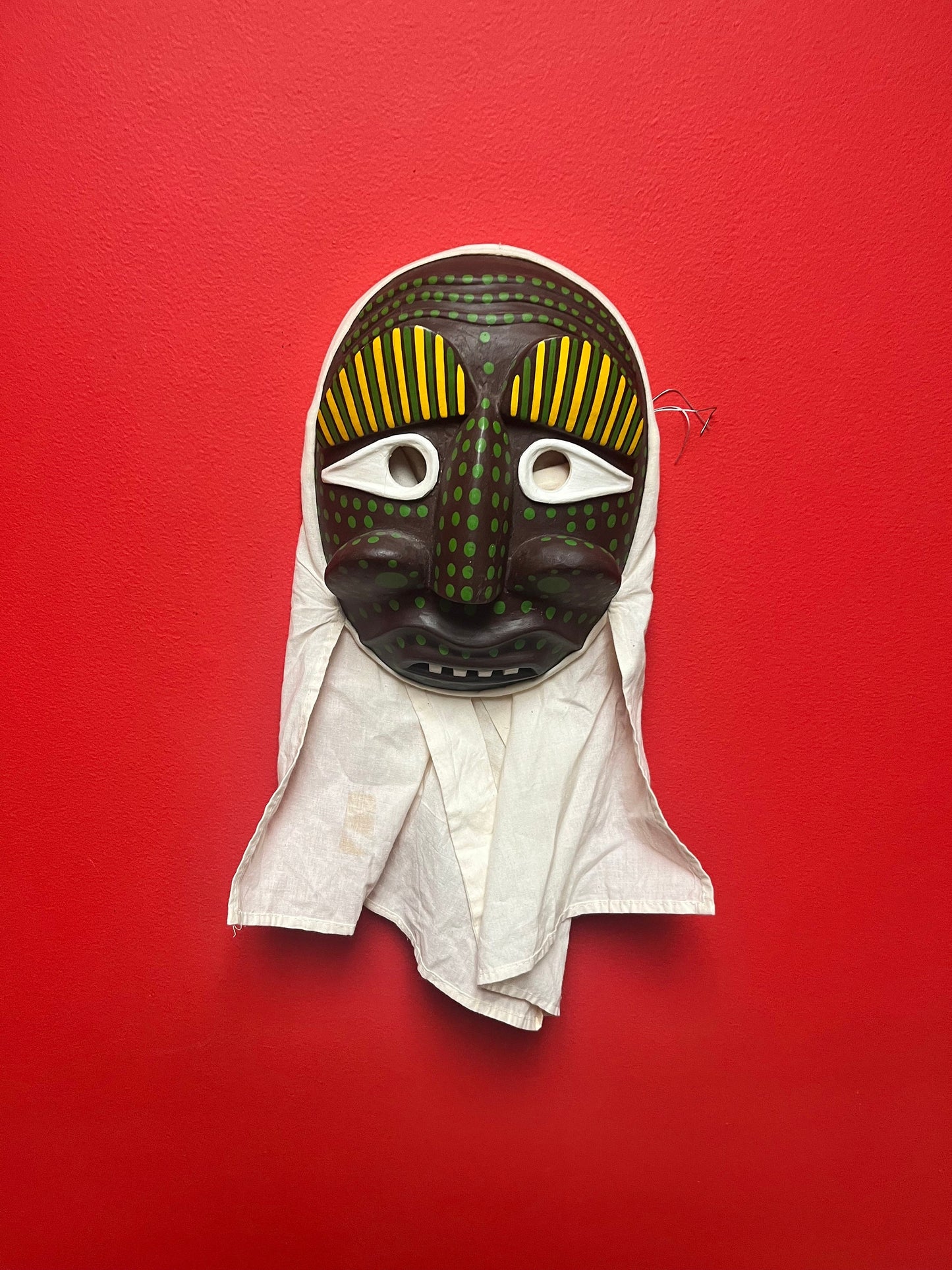 Lovely 10 x 7 Korean vintage signed wooden drama mask with fabric  ready to hang  Great colour and design