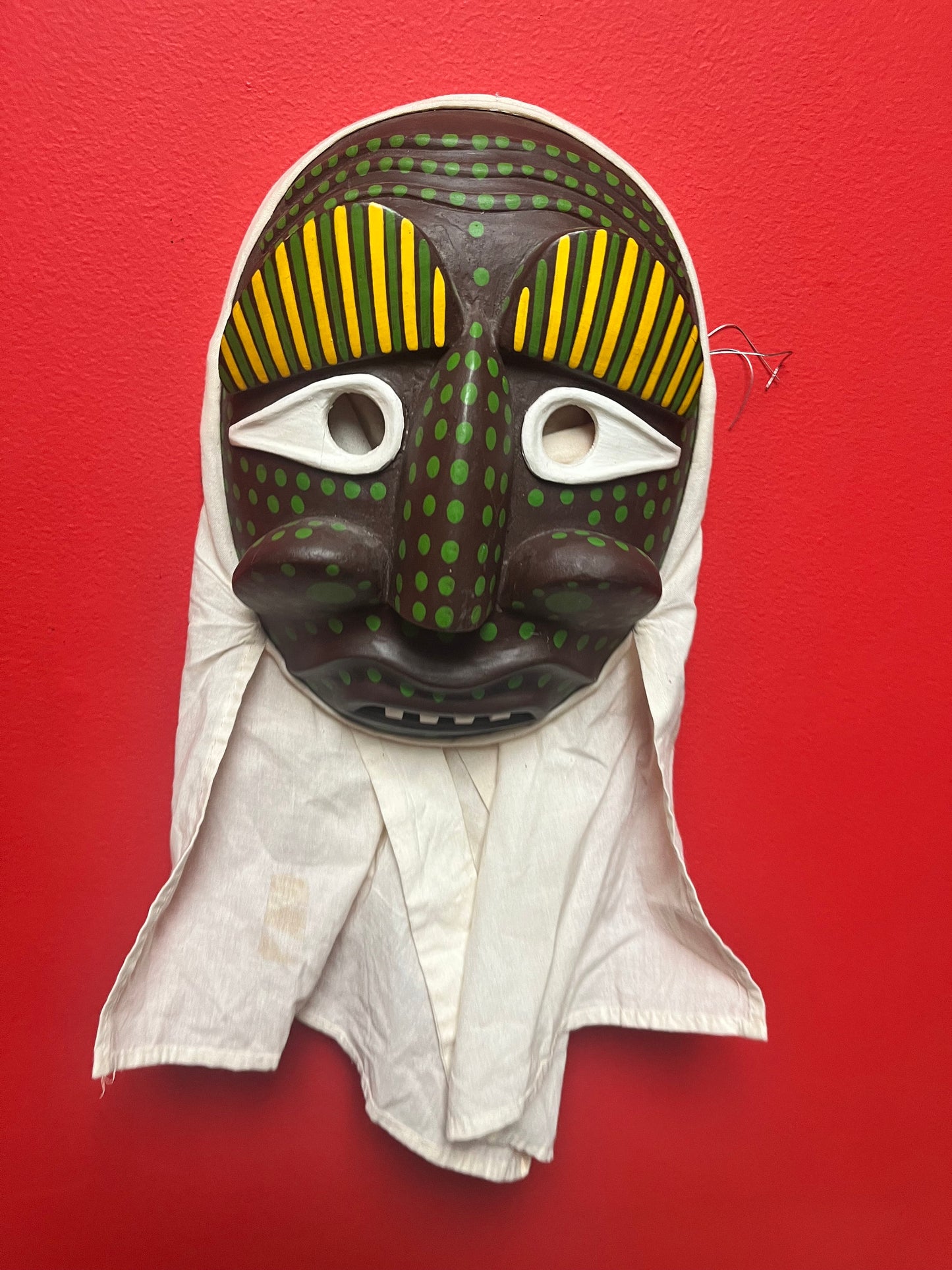 Lovely 10 x 7 Korean vintage signed wooden drama mask with fabric  ready to hang  Great colour and design