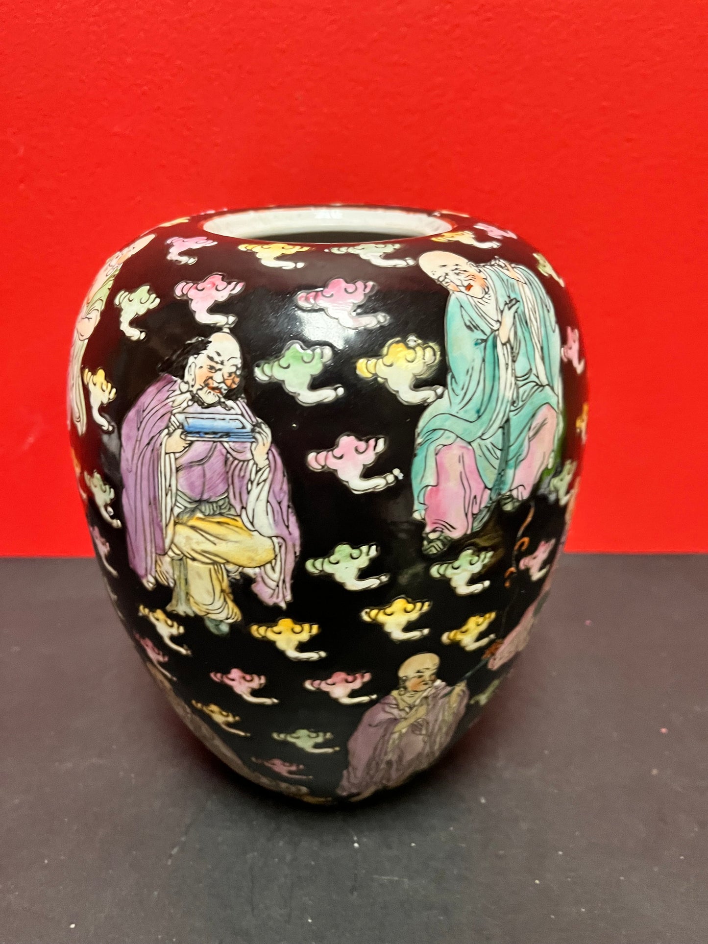 Stunning antique Chinese, 9 inch porcelain vase   heavily decorated with a unique Buddha scene and a stunning piece
