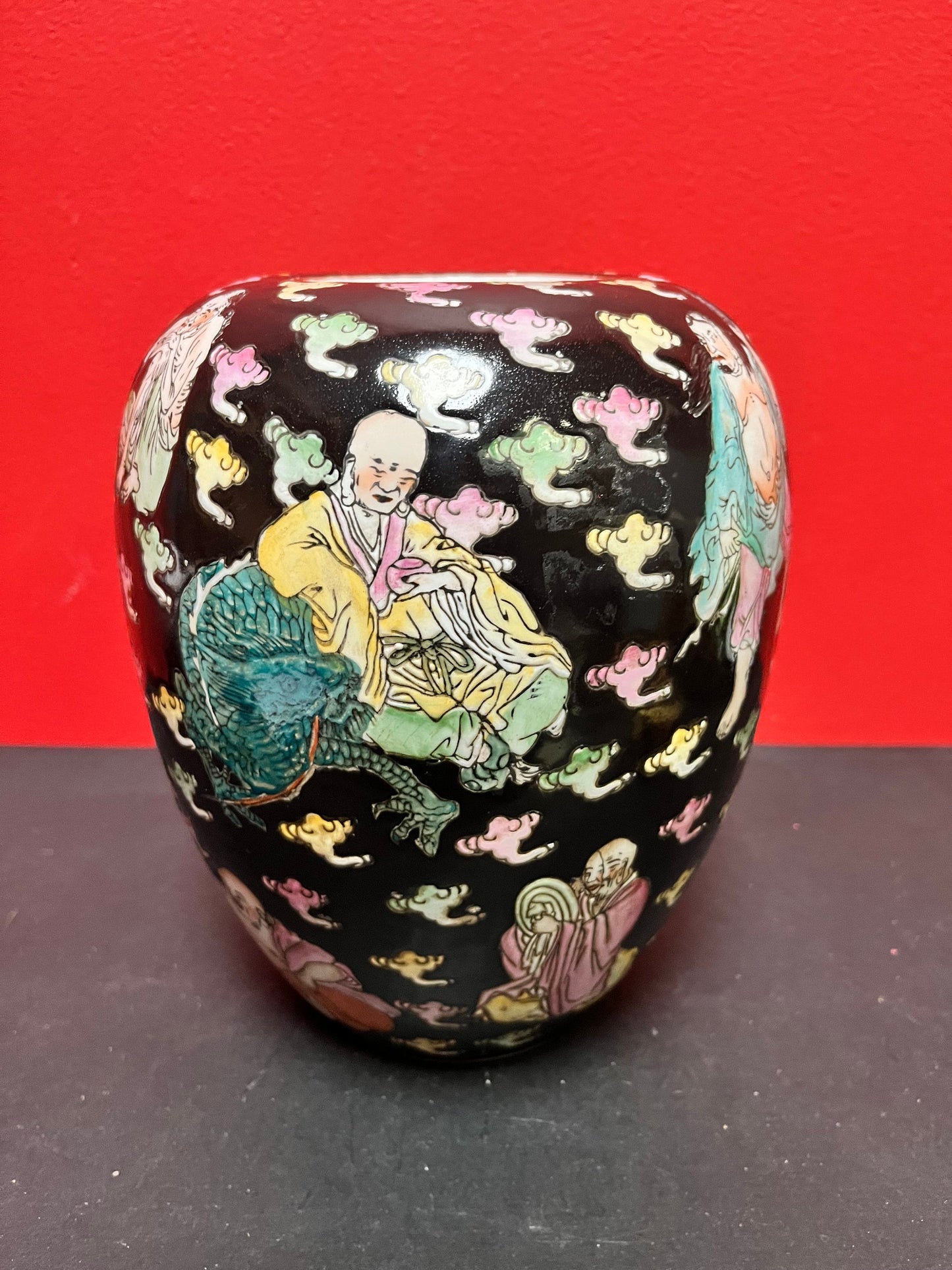 Stunning antique Chinese, 9 inch porcelain vase   heavily decorated with a unique Buddha scene and a stunning piece
