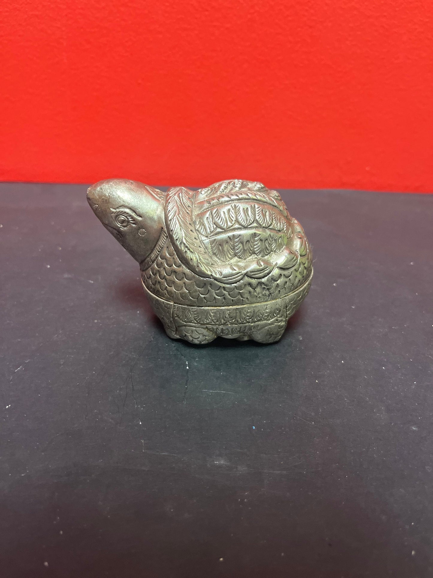 A  Lovely 4 inch long Chinese silver export turtle box with lid  untested and lovely detail