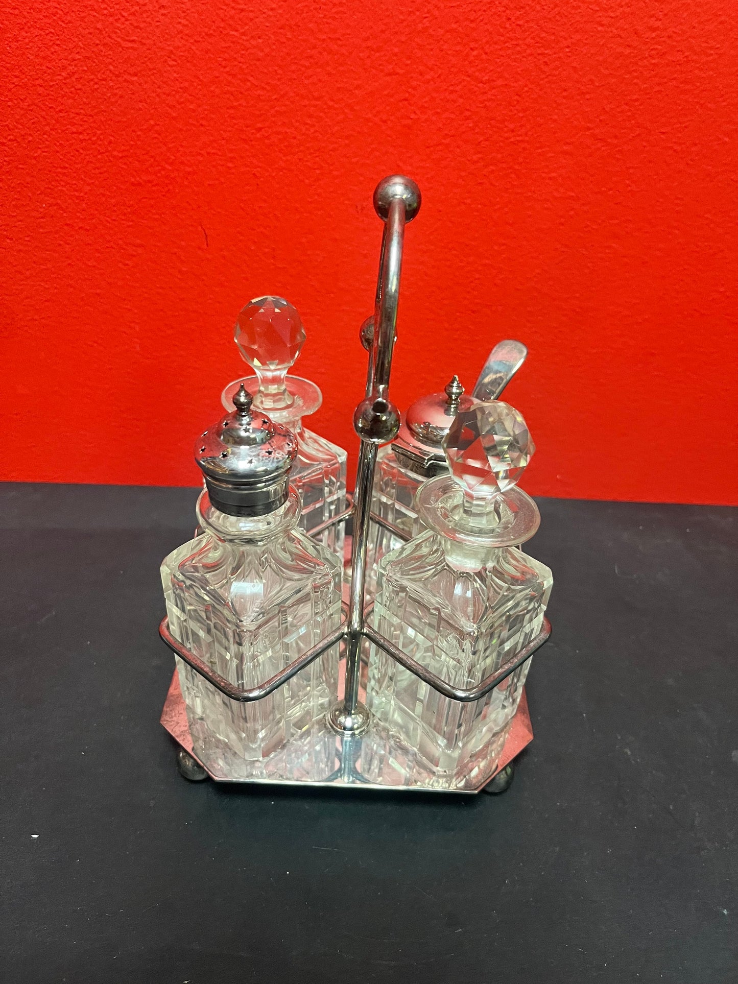 Stunning 9 inch high antique crystal and silver plate cruet set  great condition with one tiny chip