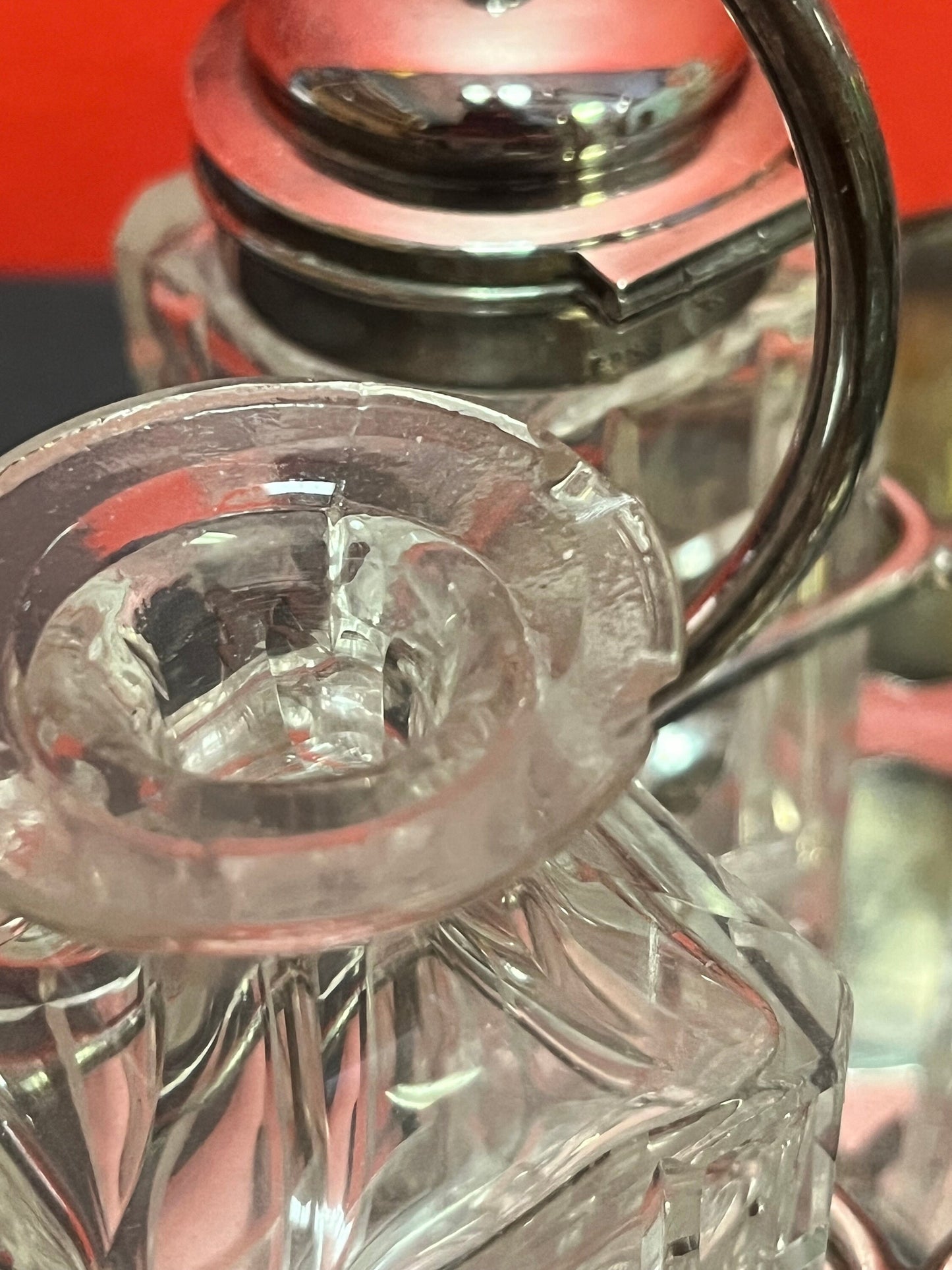 Stunning 9 inch high antique crystal and silver plate cruet set  great condition with one tiny chip