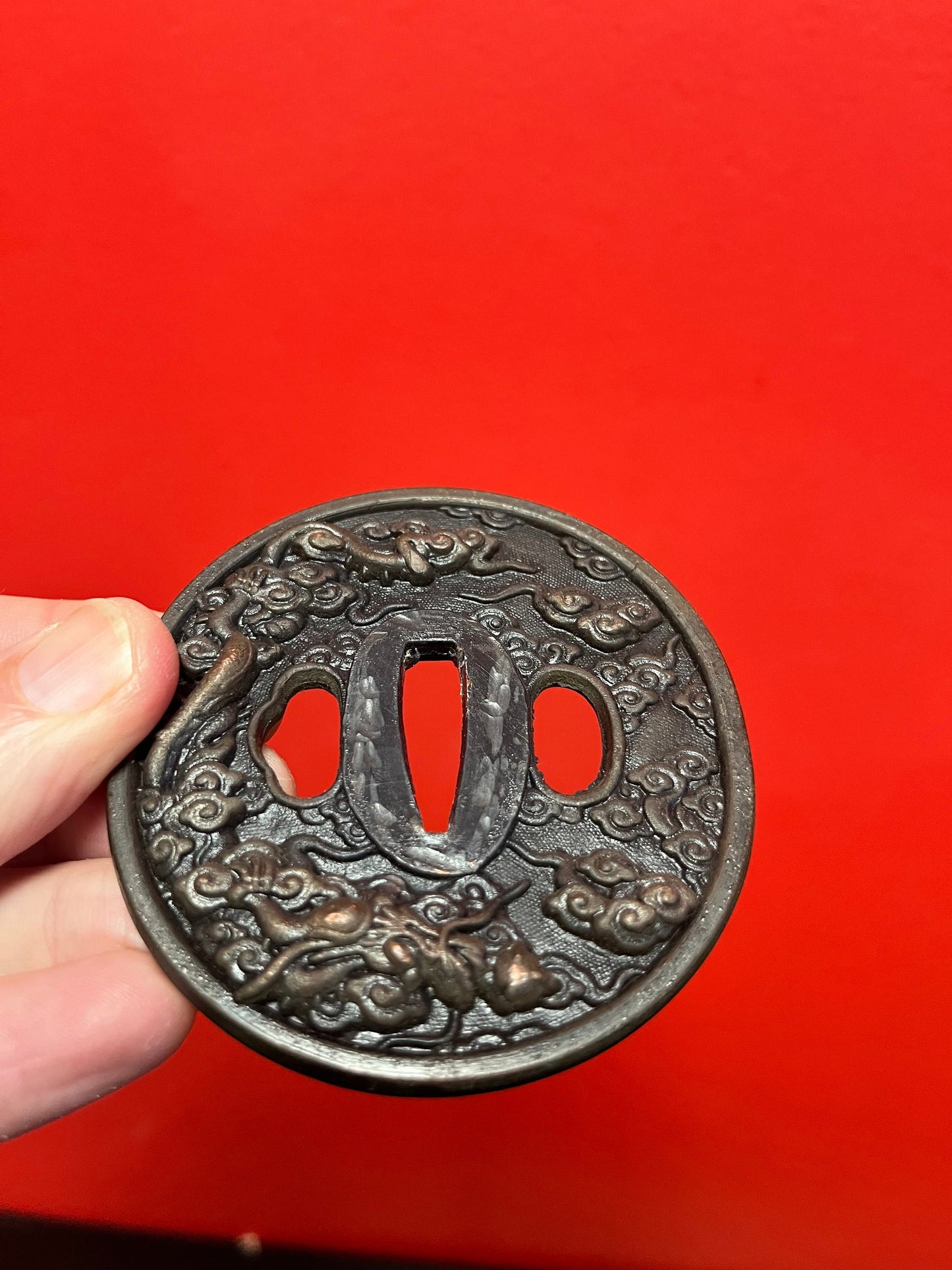 Lovely Japanese antique samurai  tsuba with good imagery from large collection